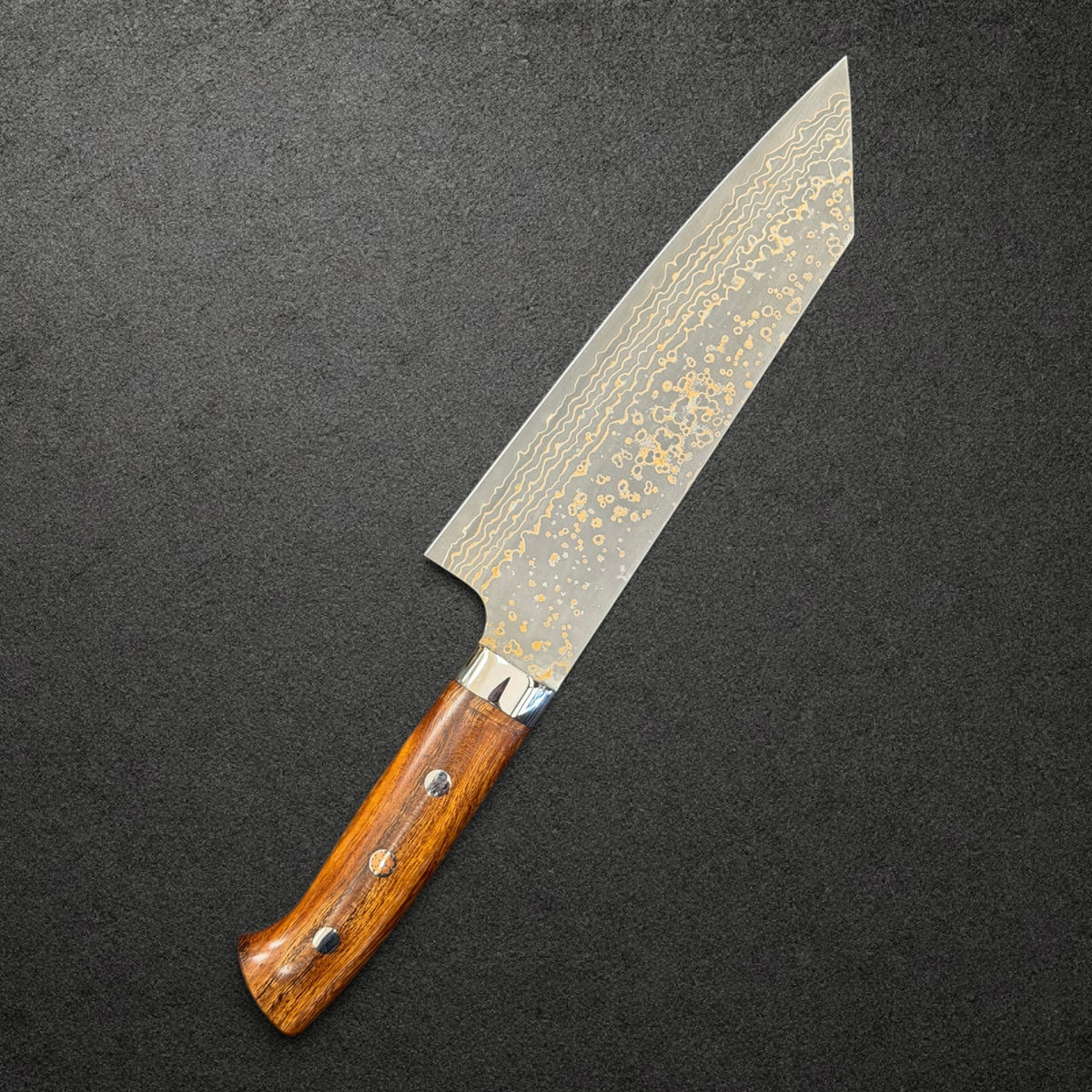 Takeshi Saji VG-10W Gold Damascus Bunka 170mm with ironwood handle, reverse angle