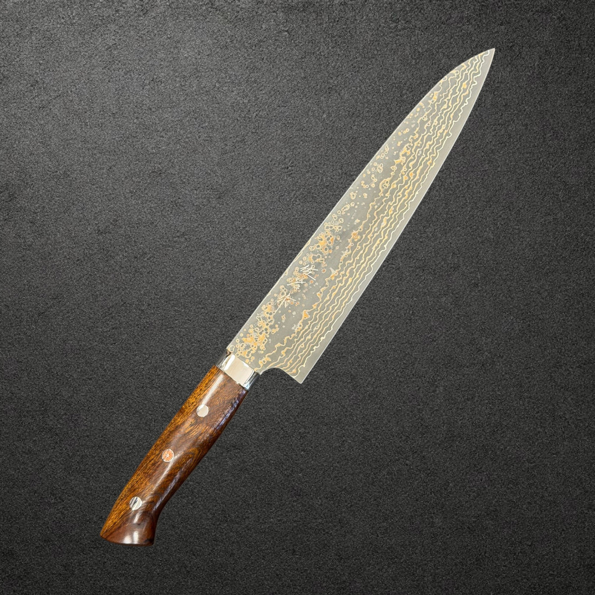 Takeshi Saji VG-10W Gold Damascus Gyuto 240mm with ironwood handle, hero