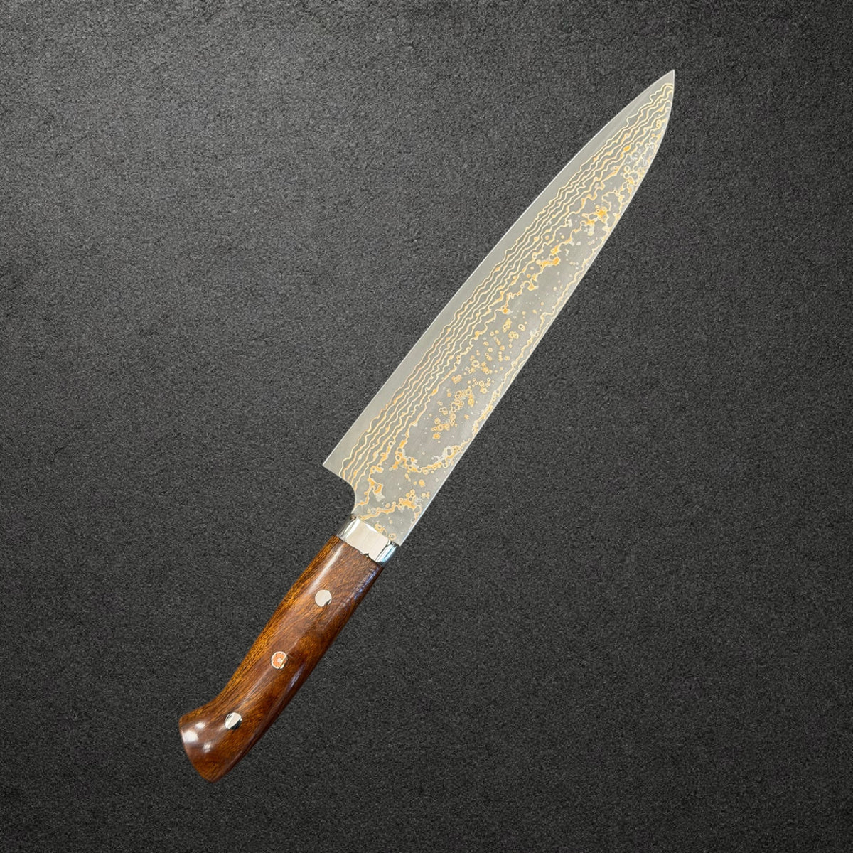 Takeshi Saji VG-10W Gold Damascus Gyuto 240mm with ironwood handle, reverse angle