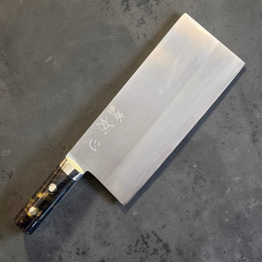 Satoshi Nakagawa Ginsan Chinese cleaver with dark acrylic handle, reverse side