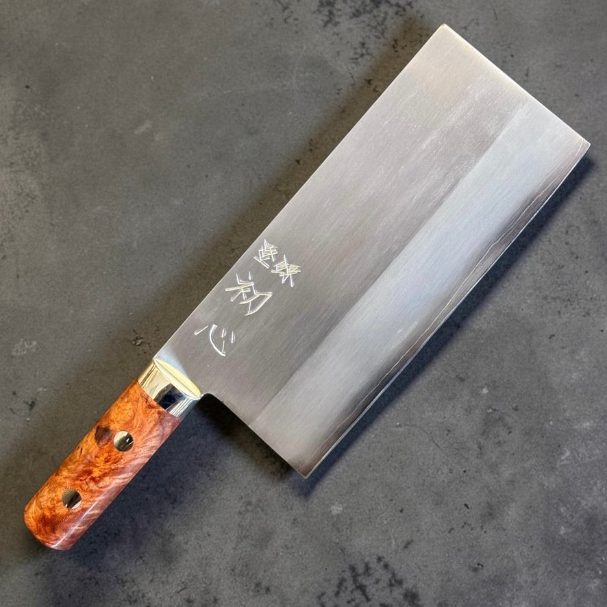Satoshi Nakagawa Ginsan Chinese cleaver with Karin wood handle, reverse side
