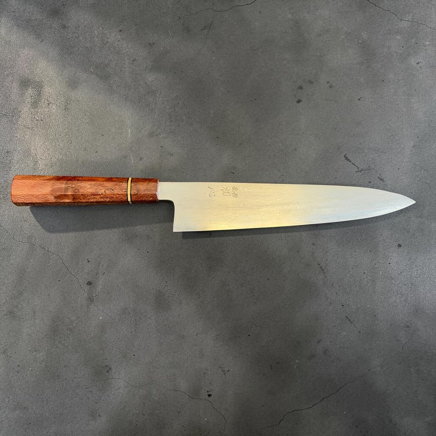 Satoshi Nakagawa Blue #1 Damascus Gyuto 240mm sharpened by Morihiro, reverse full side view with Prisma handle.