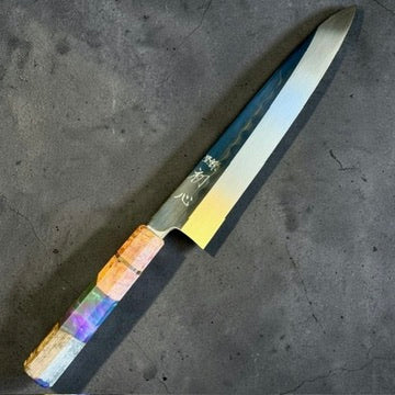 Satoshi Nakagawa Blue #2 Mizu Honyaki mirror-finish Gyuto 240mm sharpened by Morihiro with one-of-one Prisma handle, full side view.