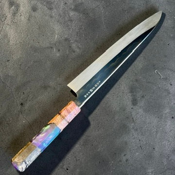 Satoshi Nakagawa Blue #2 Mizu Honyaki mirror-finish Gyuto 240mm with Prisma handle, reverse side view showing the hamon.
