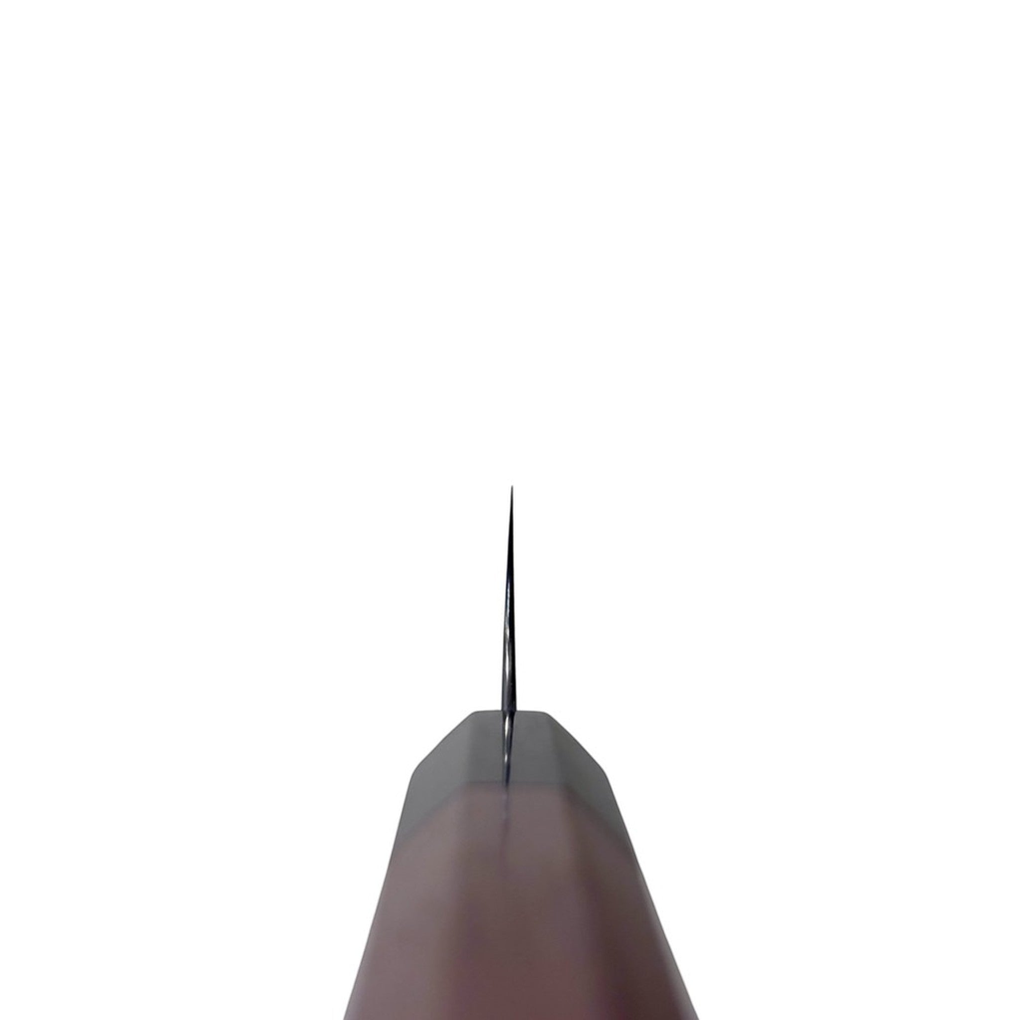 Shibata Koutetsu Aogami Super Migaki Petty 80 mm, ultra‑thin tip spine view against white background.