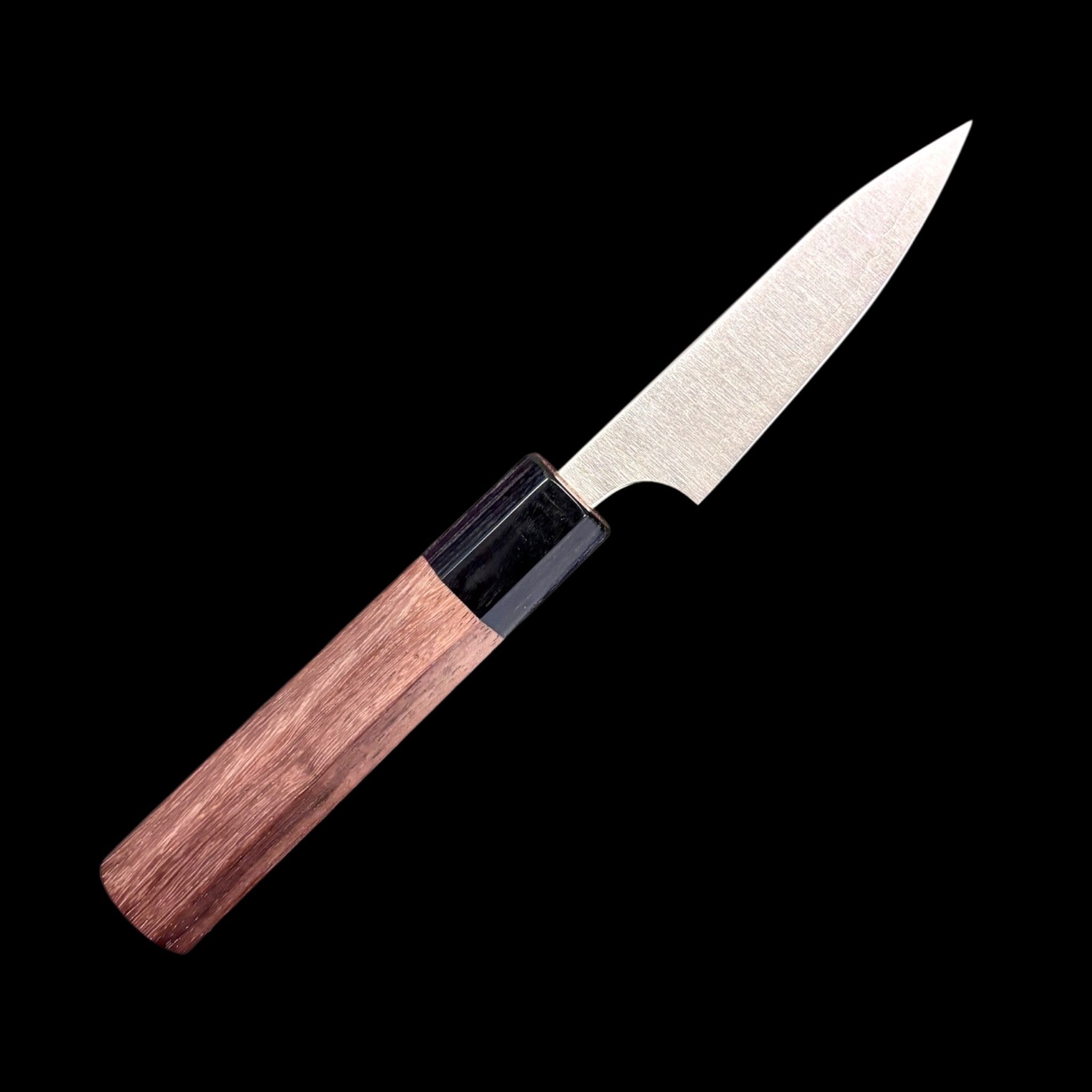Shibata Koutetsu Aogami Super Migaki Petty 80 mm, right‑side profile showing walnut and ebony wa handle and satin blade.
