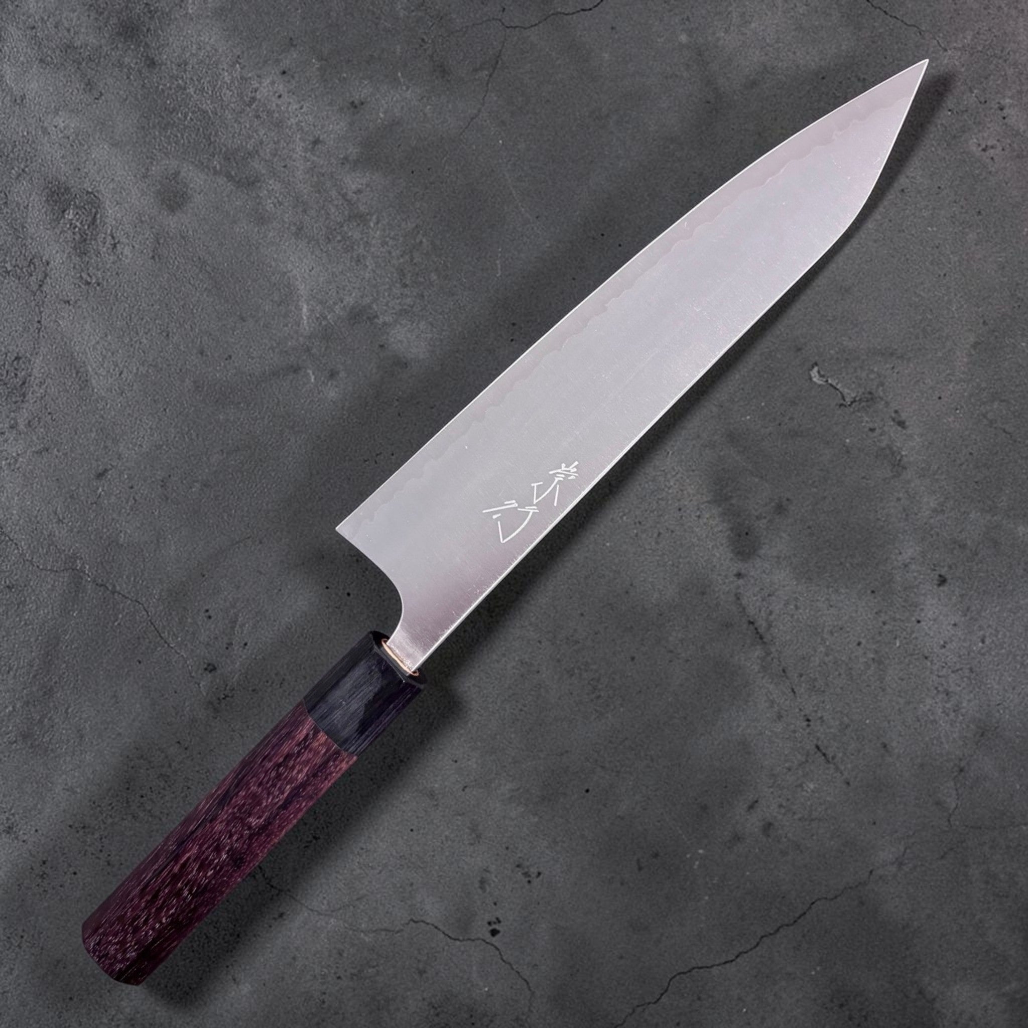 Shibata Koutetsu Aogami Super (AS) Gyuto 210 mm, reverse side showing cladding line.