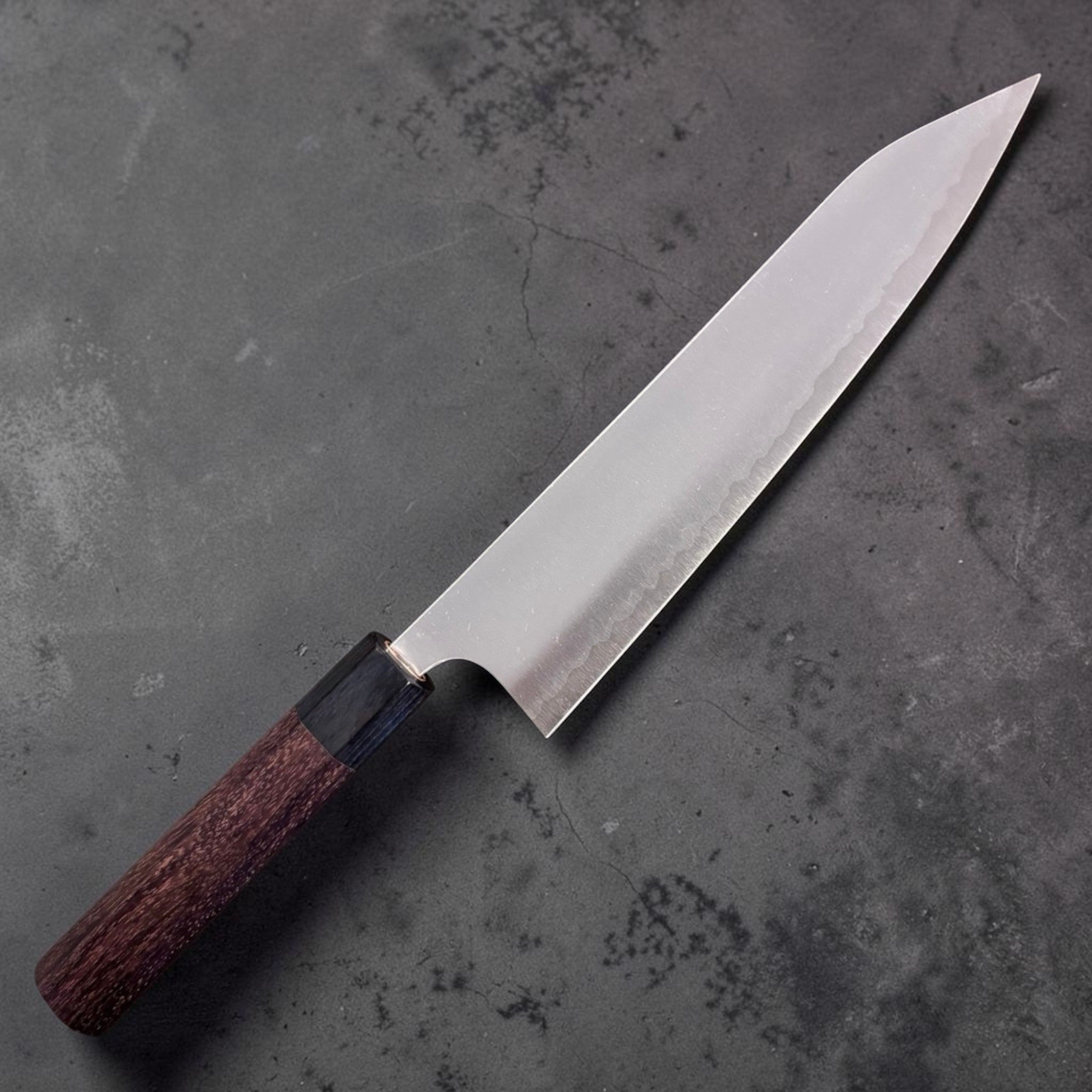 Shibata Koutetsu Aogami Super (AS) Gyuto 210 mm, front side with kanji engraving.