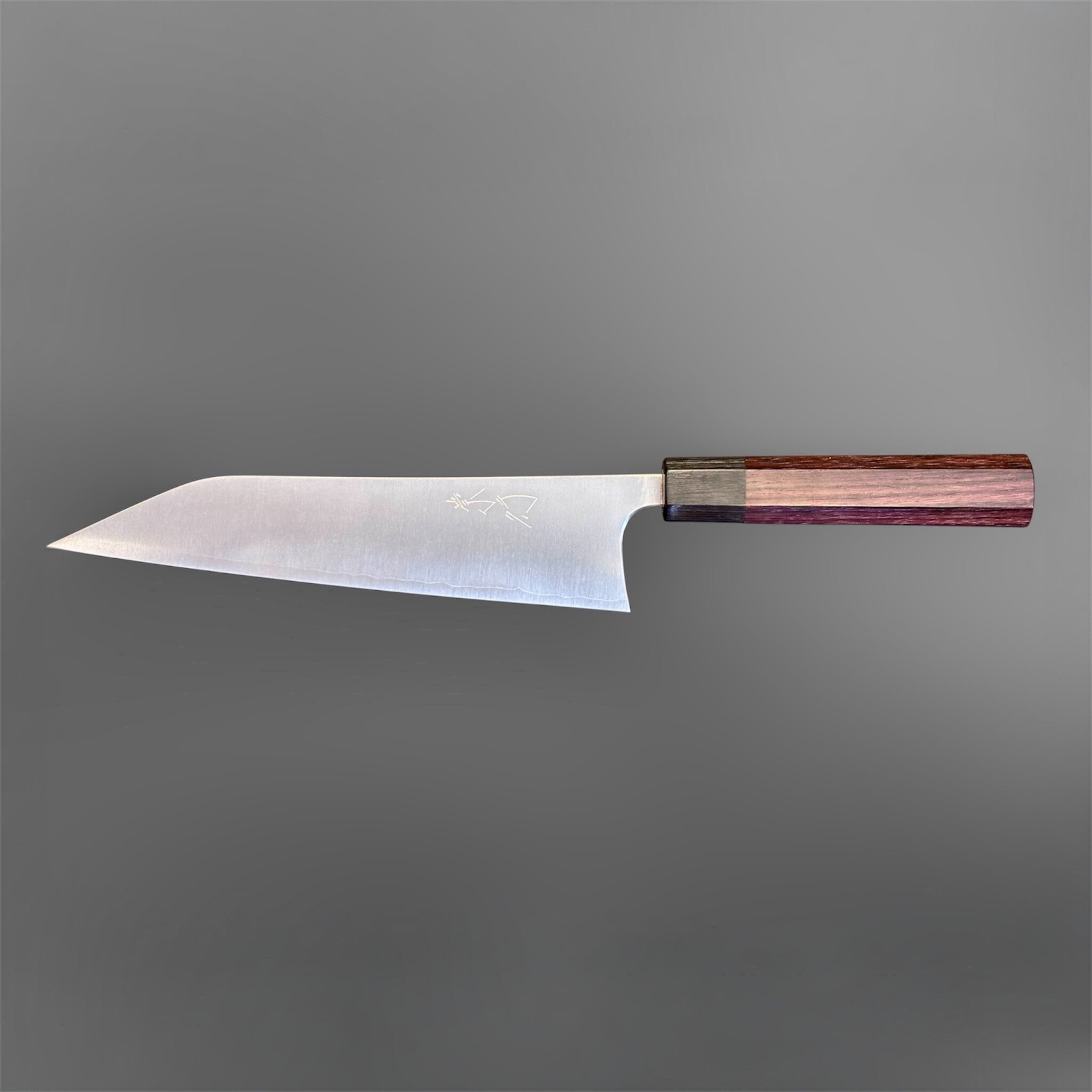 Shibata Koutetsu Chromax Gyuto 210 mm with rosewood octagon handle, full left-facing profile showing kanji and blade geometry.