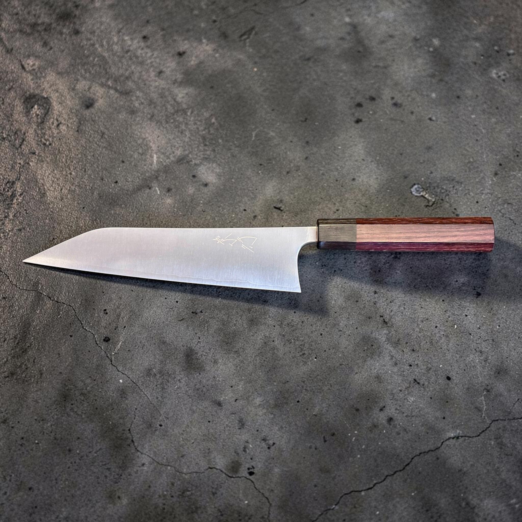 Shibata Koutetsu Chromax Gyuto 210 mm with rosewood octagon handle, full left-facing profile showing kanji and blade geometry.