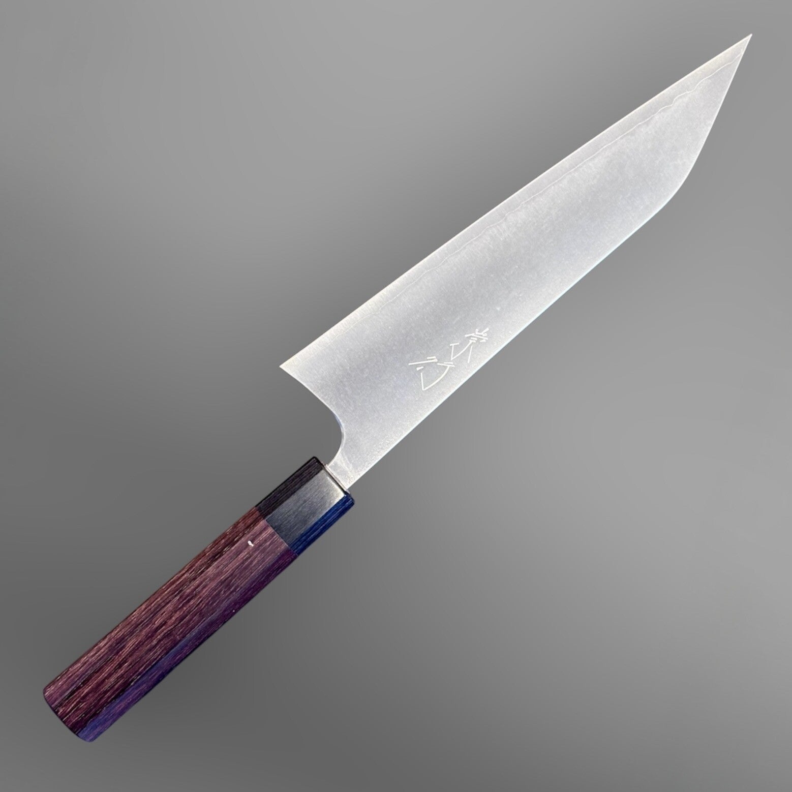 Shibata Koutetsu Chromax Gyuto 210 mm with rosewood octagon handle, angled view showing the thin gyuto profile.