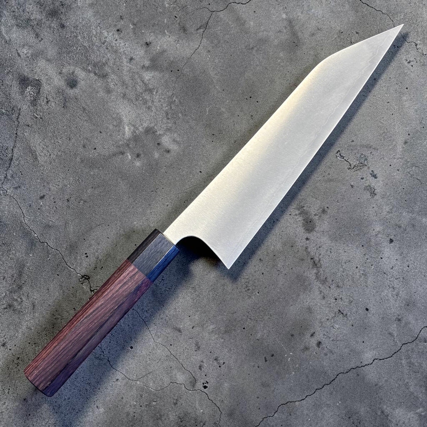 Shibata Koutetsu Chromax Gyuto 210 mm with rosewood octagon handle, reverse angled view with blade tip and handle detail.