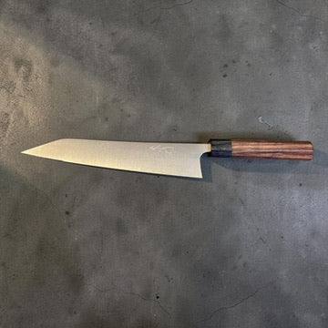 Shibata Koutetsu Chromax Gyuto 240mm full profile showing blade engraving and rosewood handle