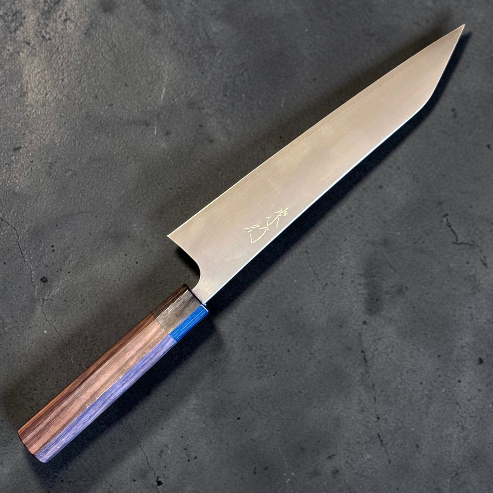 Shibata Koutetsu Chromax Gyuto 240mm with rosewood octagonal handle, engraved angled view