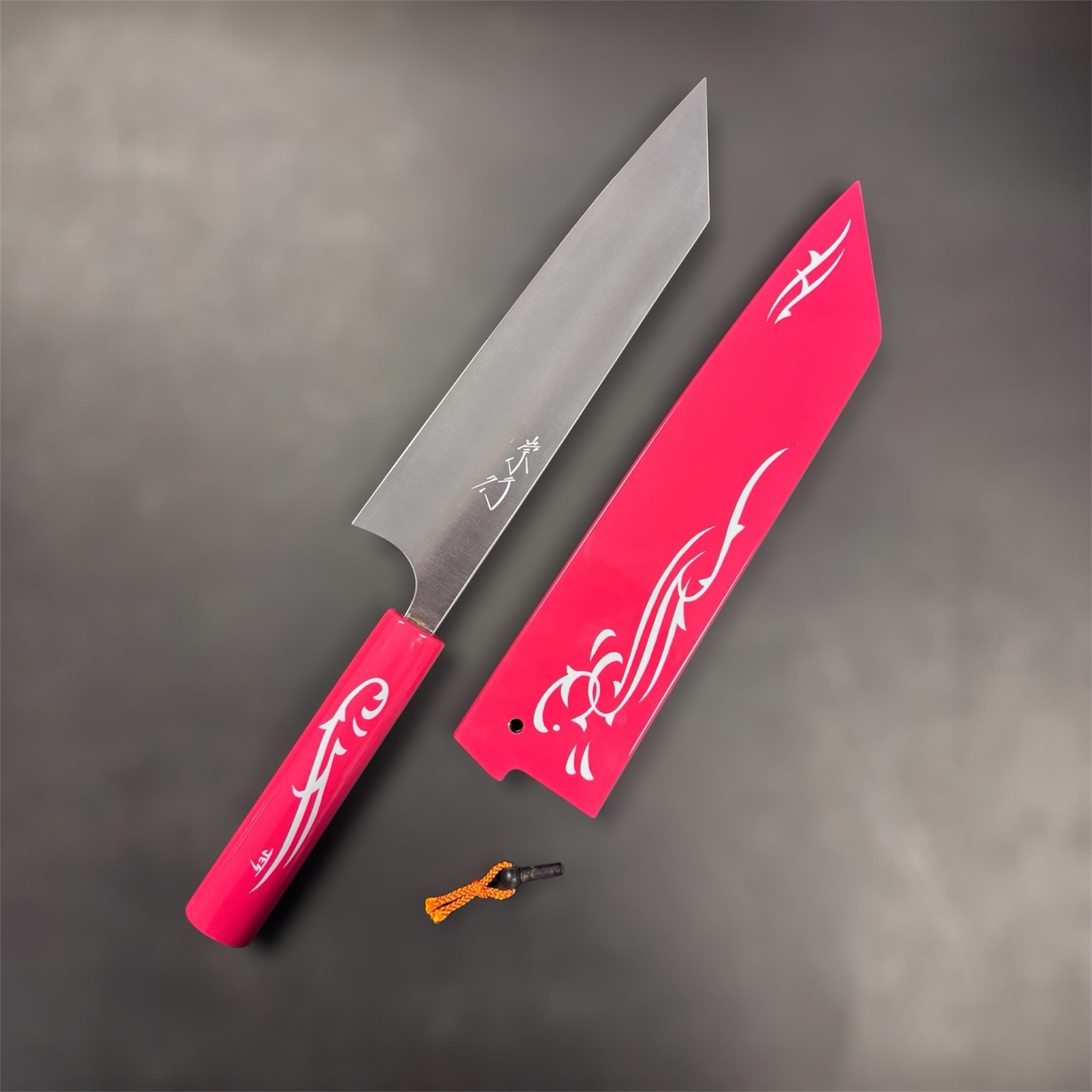 Shibata Koutetsu SG2 Migaki 210 mm Gyuto Limited Edition with red saya left side showing kanji