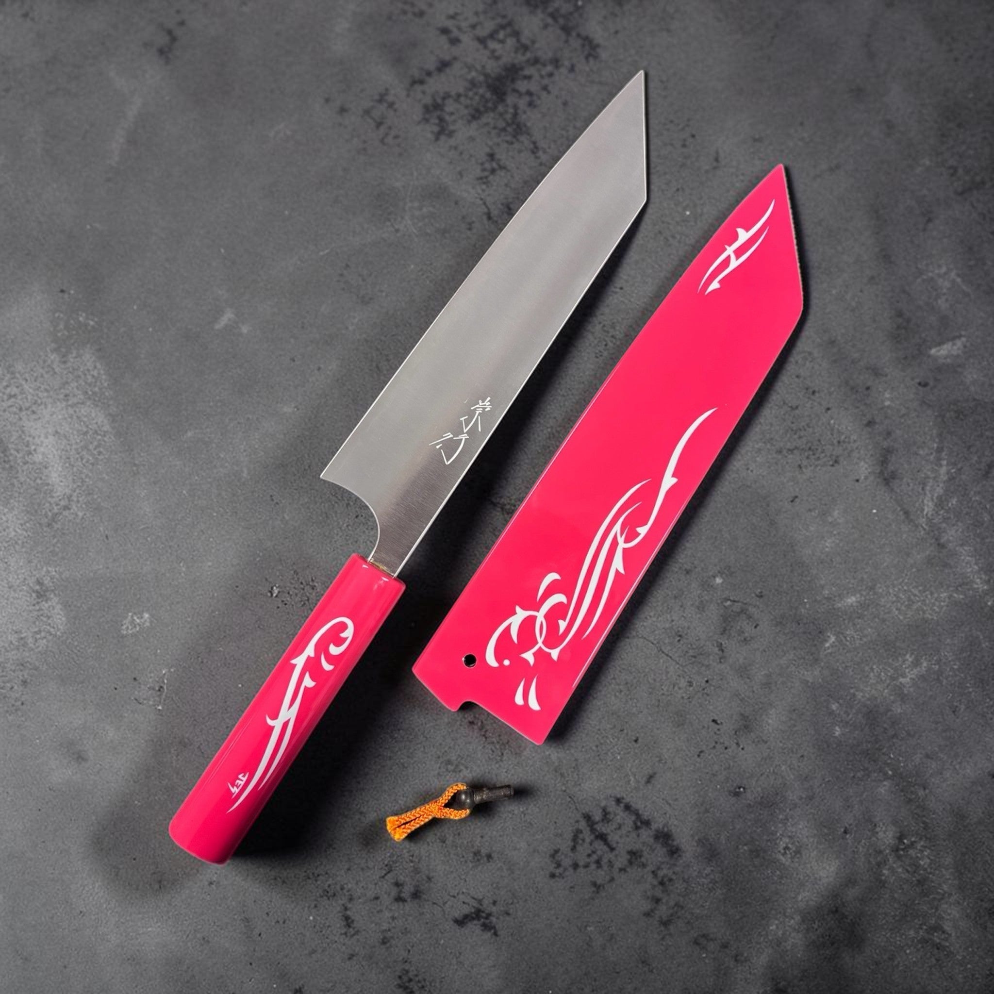 Shibata Koutetsu SG2 Migaki 210 mm Gyuto Limited Edition with red saya left side showing kanji