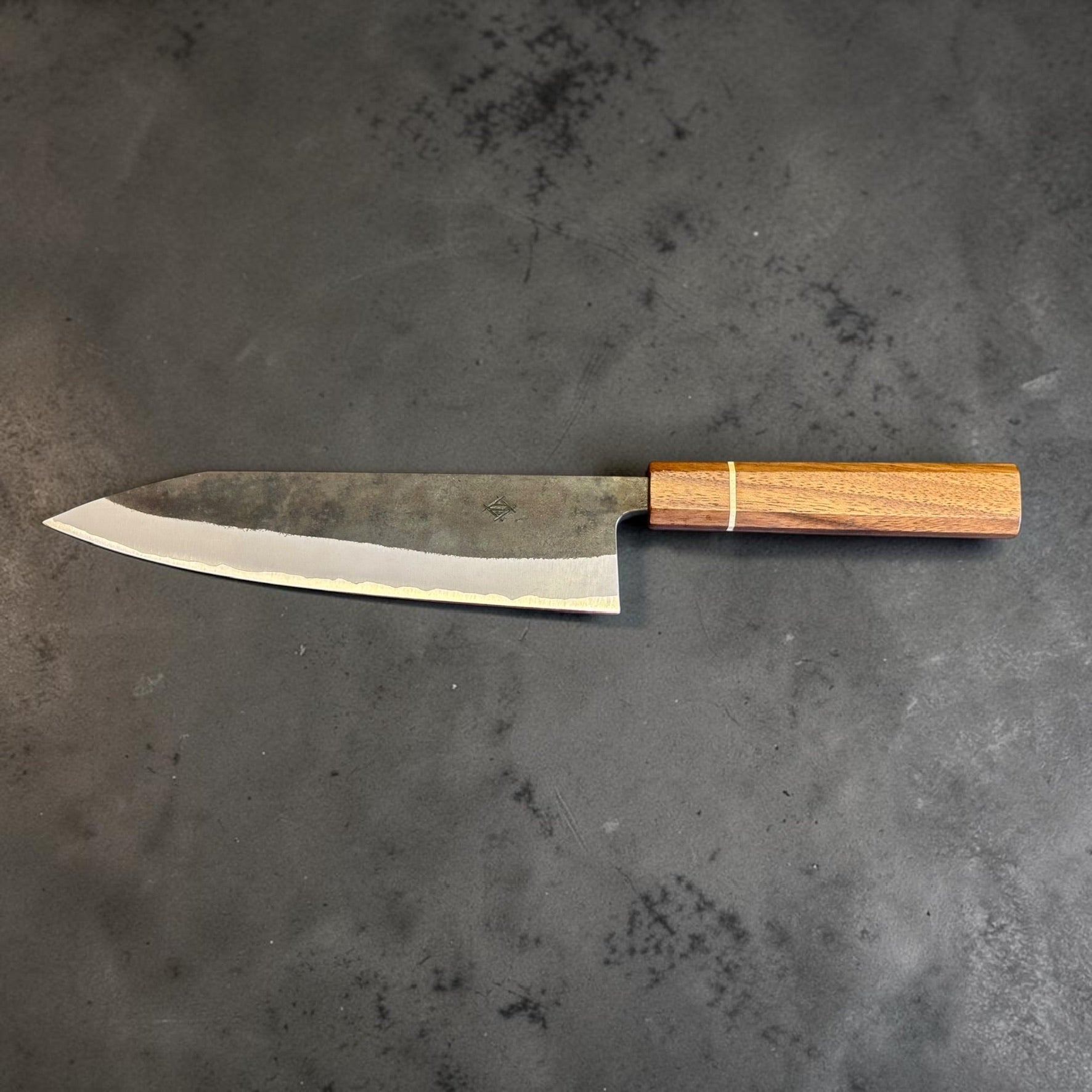 Shotaro Imai Aogami Super Kurouchi Gyuto 218mm right-side profile with Tokushu Sanjo walnut and maple wa handle