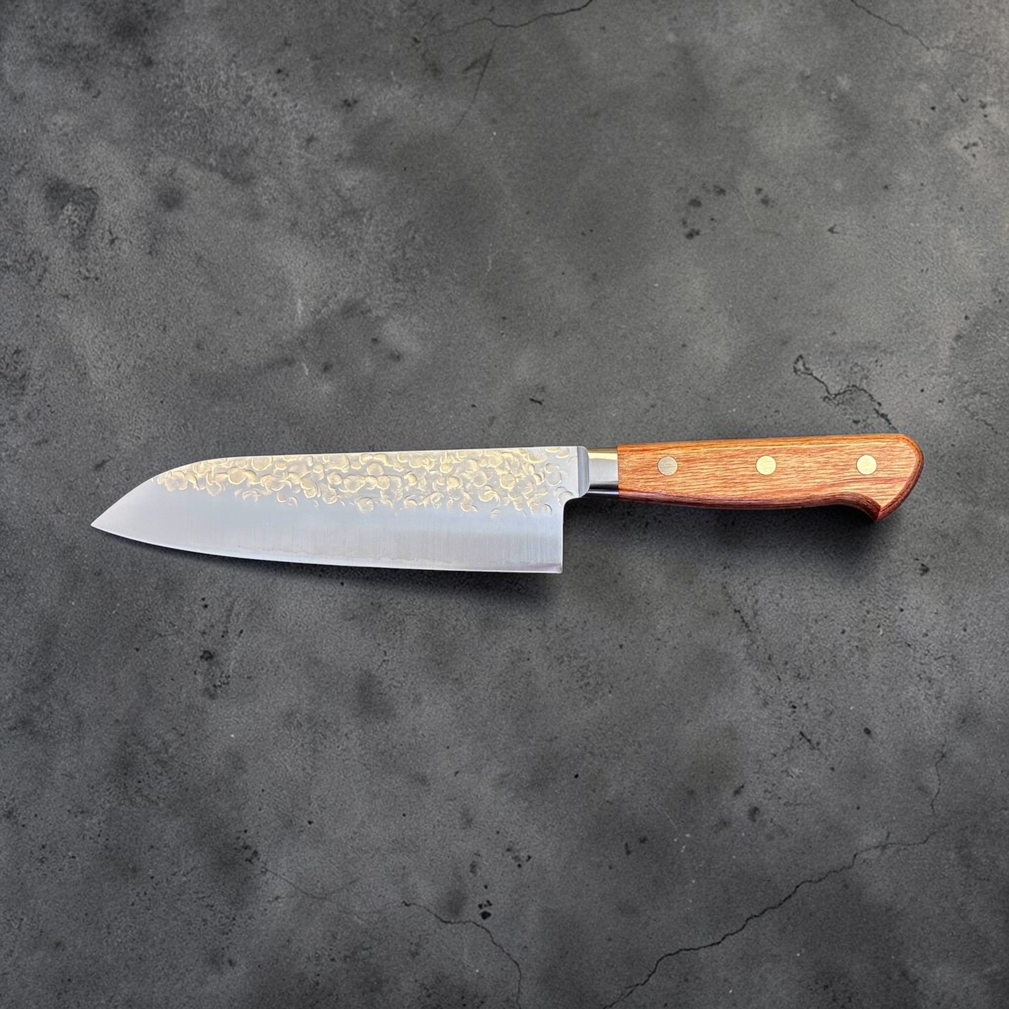 Takamura Chromax Santoku 170 mm, left-facing profile showing the hammered blade pattern and wood handle.