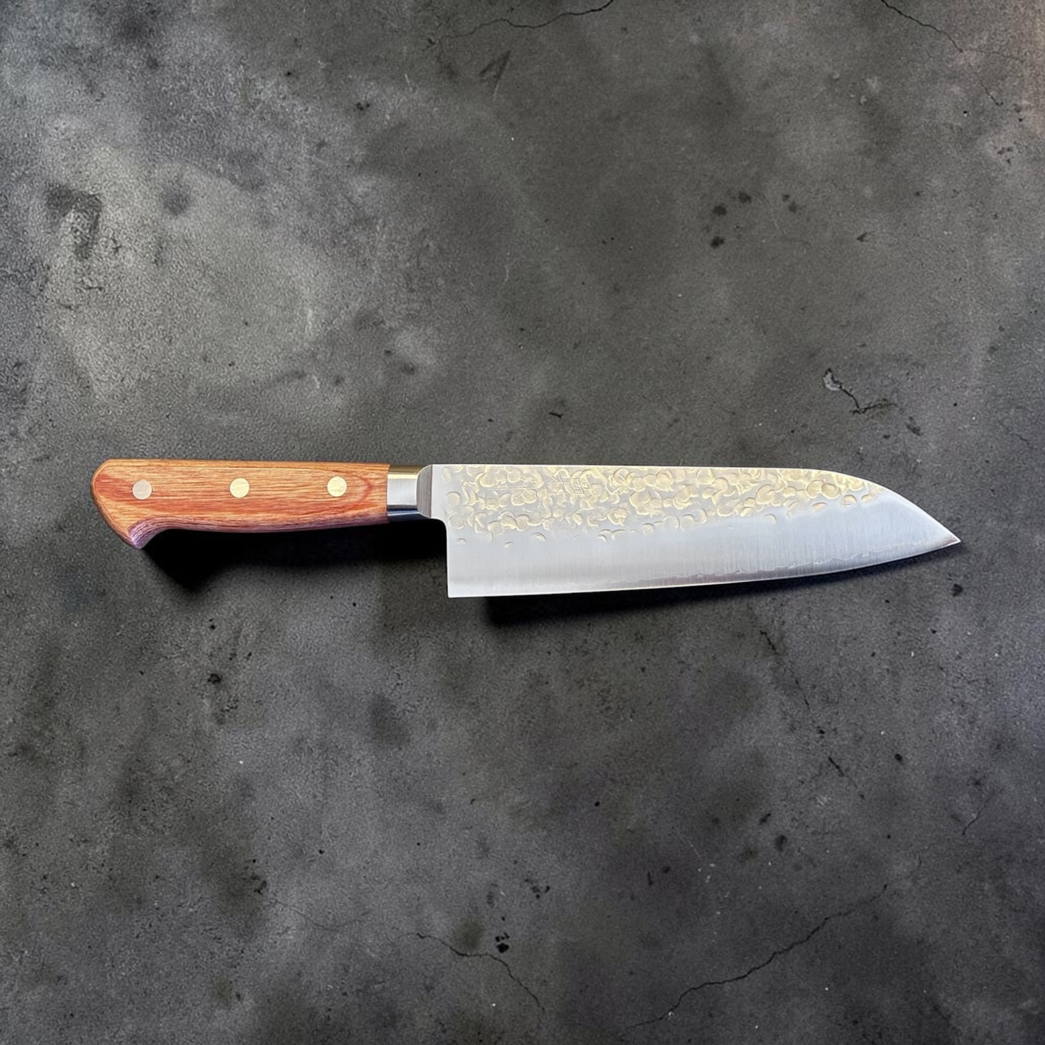 Takamura Chromax Santoku 170 mm, right-facing profile showing the hammered blade and reddish-brown handle.