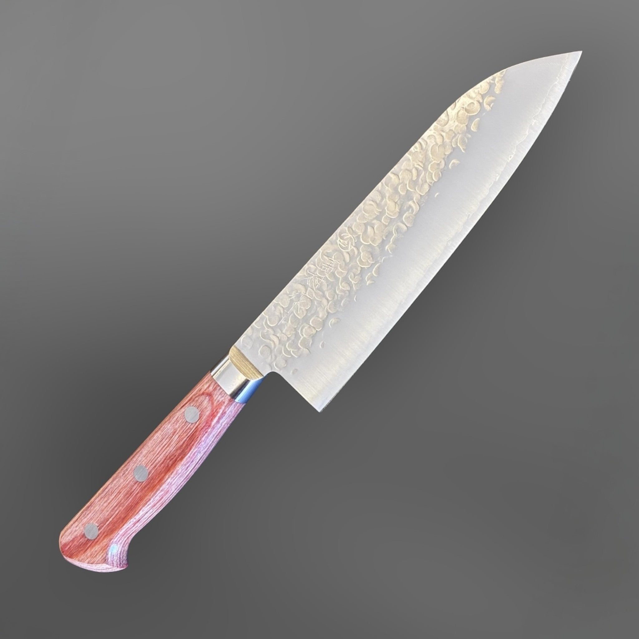 Takamura Chromax Santoku 170 mm, angled product view highlighting the santoku blade shape and handle pins.