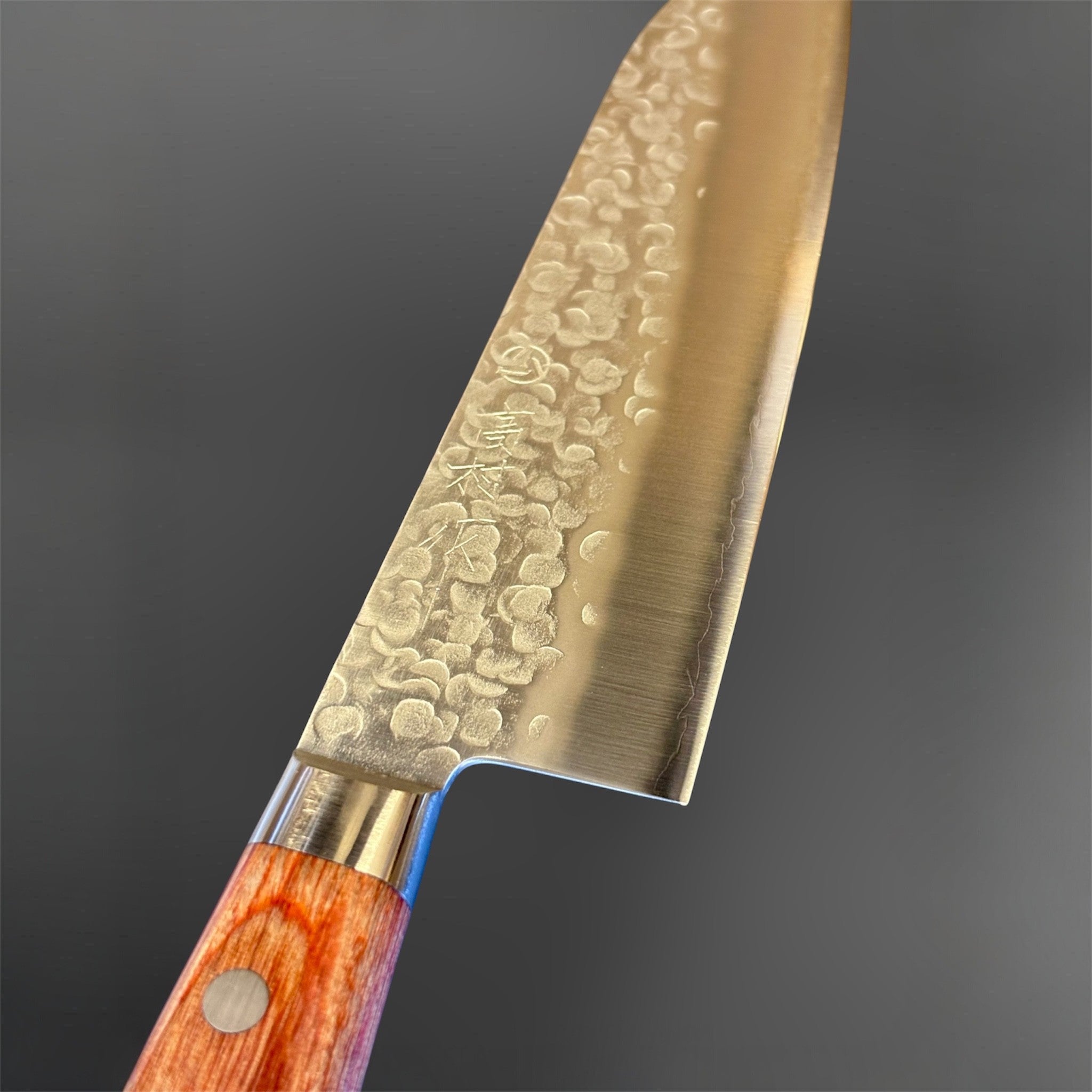 Takamura Chromax Santoku 170 mm, close-up of the hammered blade face, kanji, bolster, and western handle.