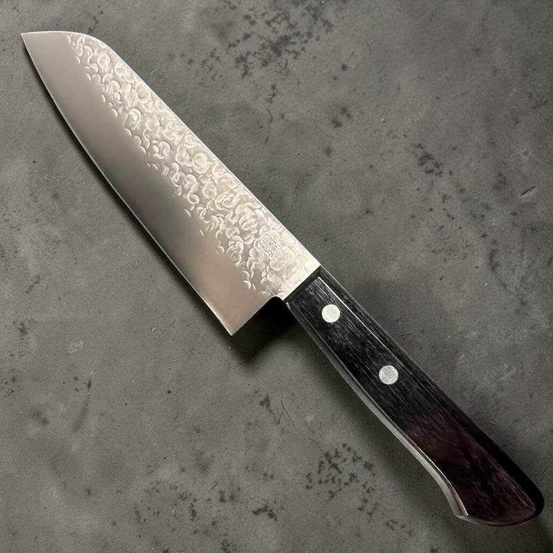 Takamura Stainless Clad Chromax Tsuchime 170mm Santoku with Black Pakkawood Scales Western Style Handle Tokushu Knife.