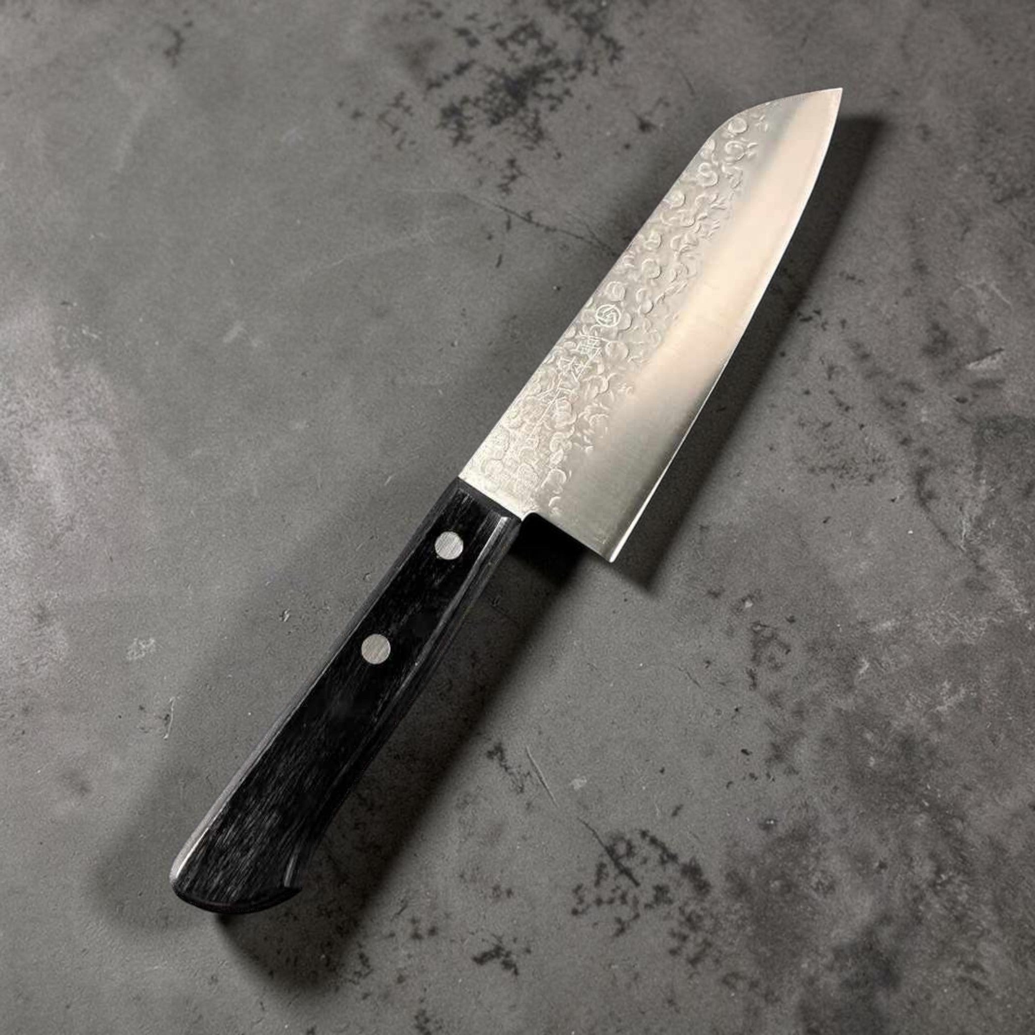 Takamura Stainless Clad Chromax Tsuchime 170mm Santoku with Black Pakkawood Scales Western Style Handle Tokushu Knife.