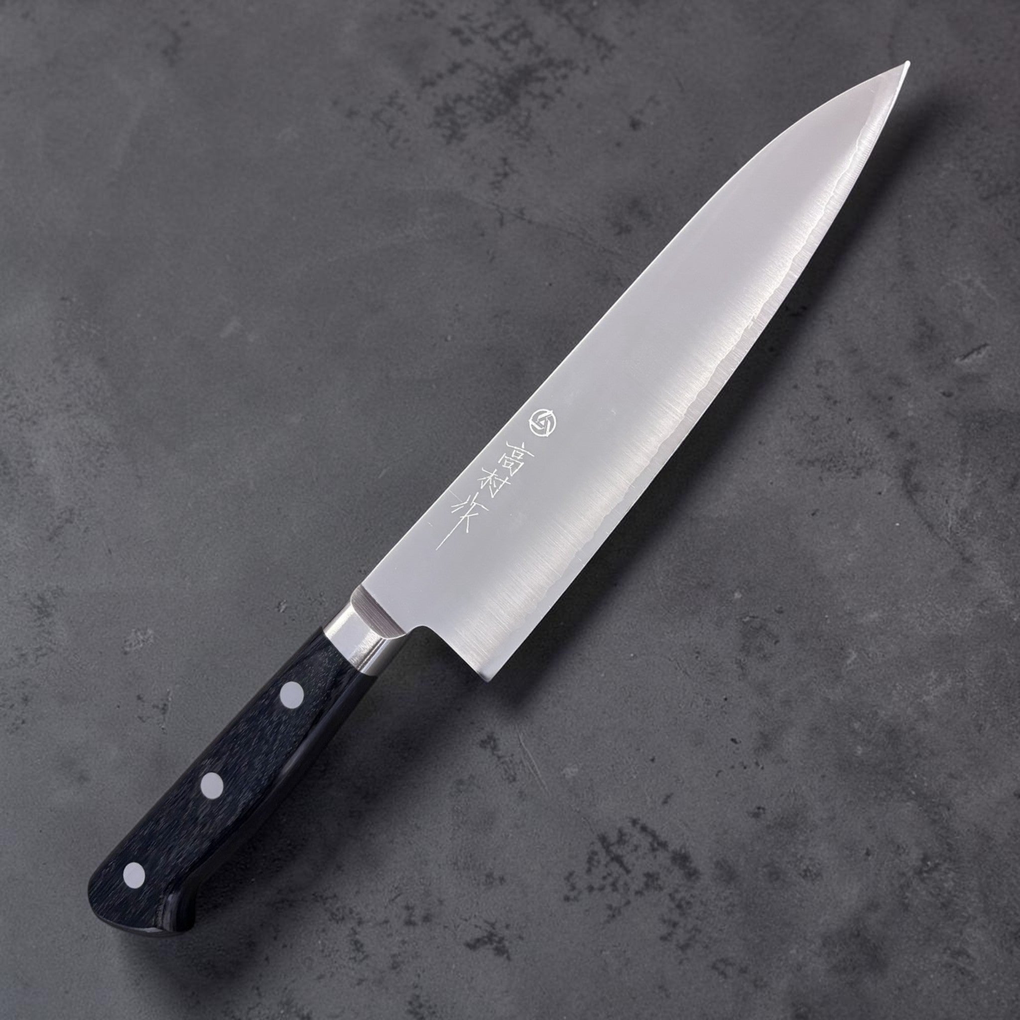 Takamura VG-10 Migaki Gyuto 180 mm, right side profile of polished blade with triple-rivet black Western handle.