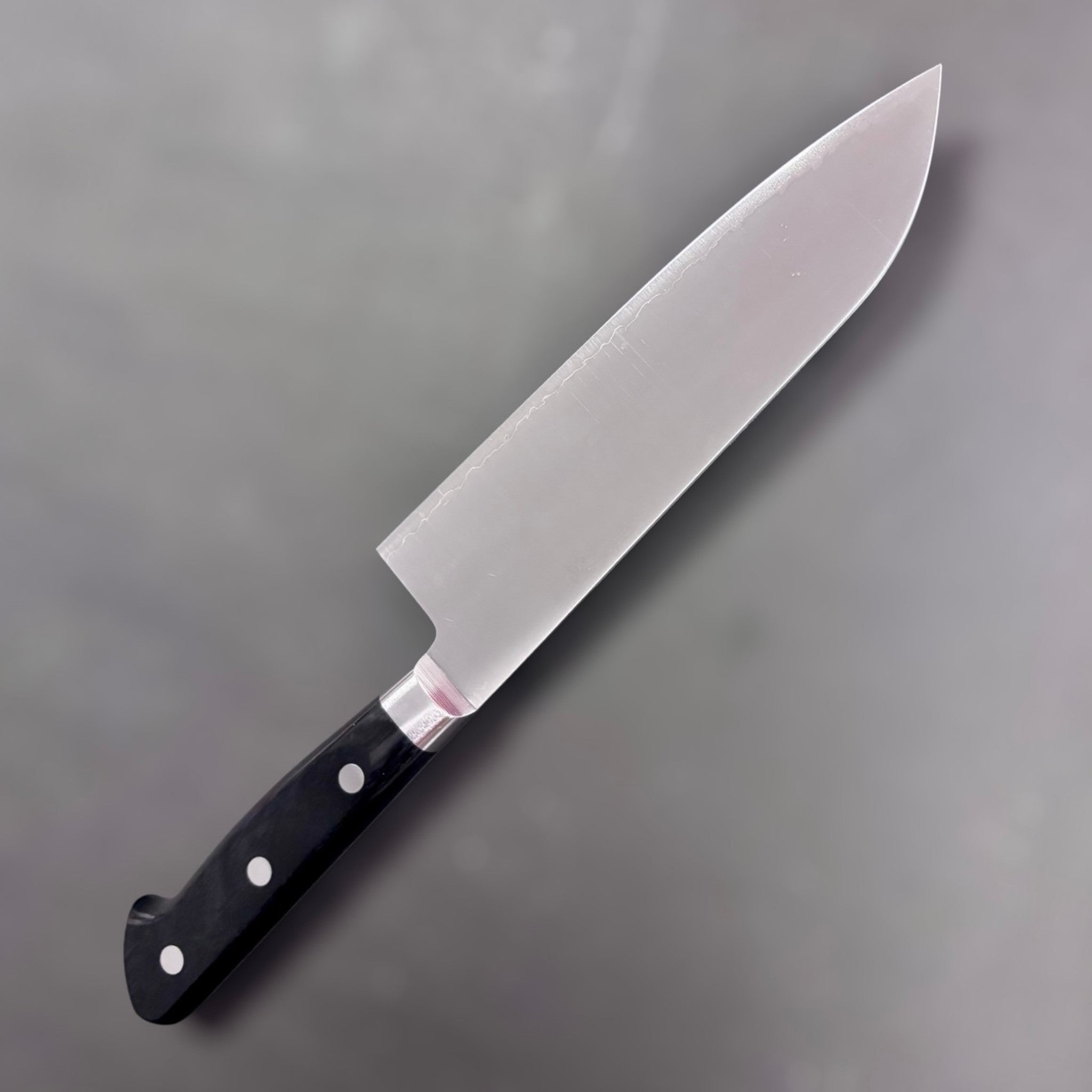 Takamura VG-10 Migaki Santoku 170 mm, left side profile; satin migaki finish.