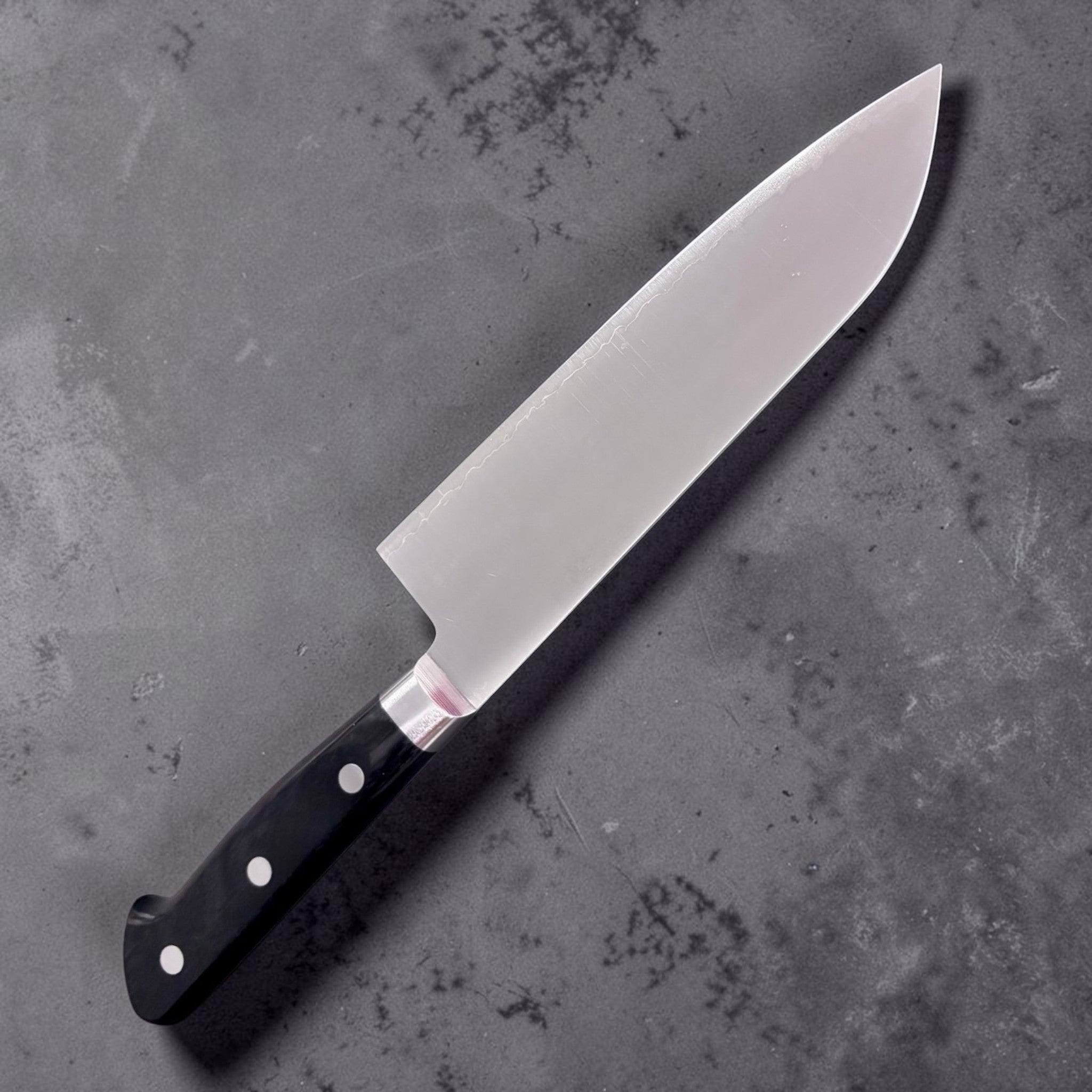 Takamura VG-10 Migaki Santoku 170 mm, left side profile; satin migaki finish.