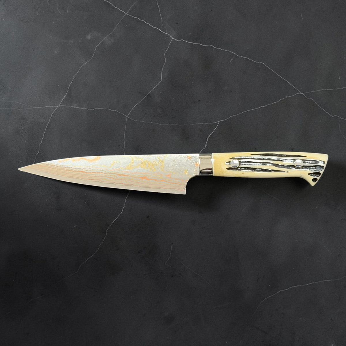Reverse profile of Takeshi Saji Blue #2 Rainbow Damascus Petty 150mm with white cow-horn western handle.