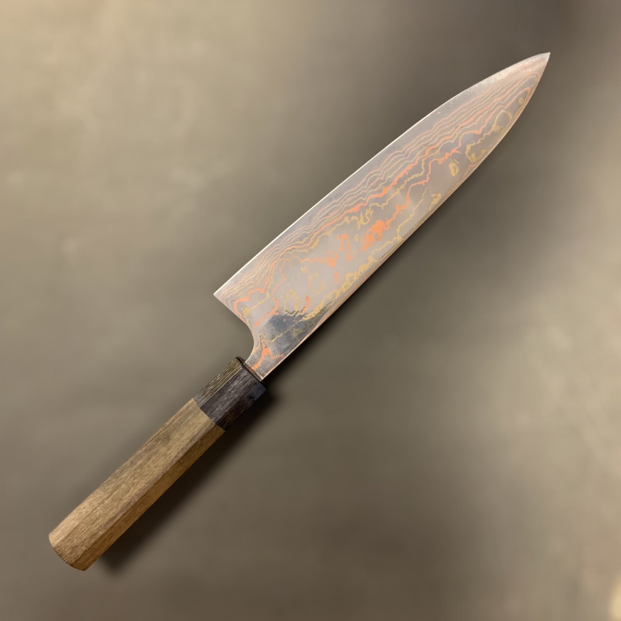 Takeshi Saji Aogami #2 Rainbow Damascus Gyuto 210 mm, left side  showing copper/brass/nickel ‘rainbow’ pattern.