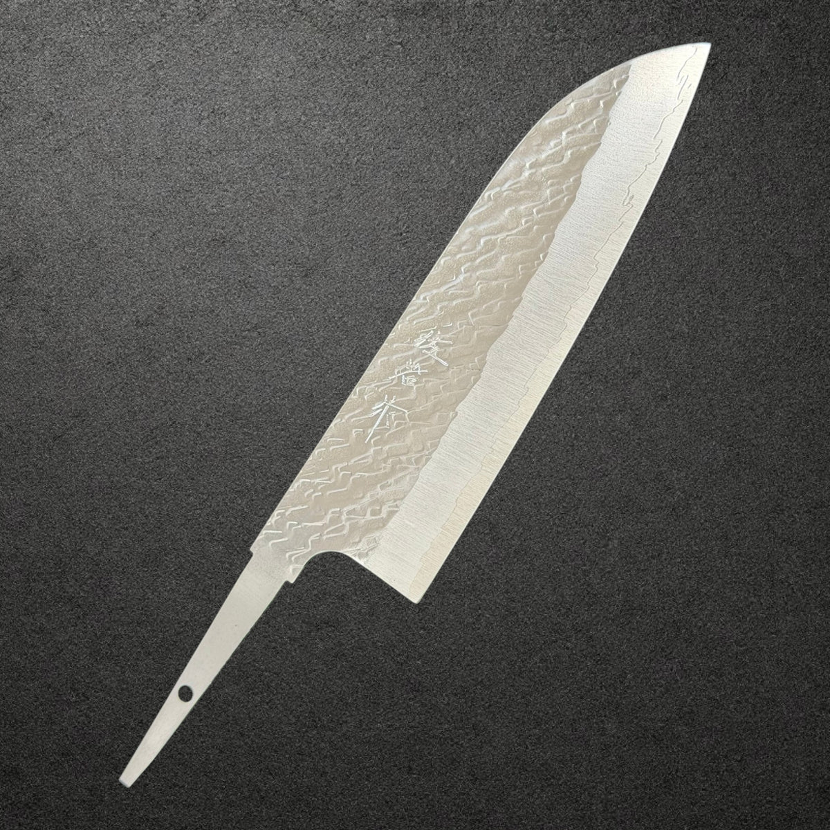 Angled front view of Takeshi Saji STRIX Tsuchime Santoku blade only, showing the hammered finish, engraved kanji and exposed tang.