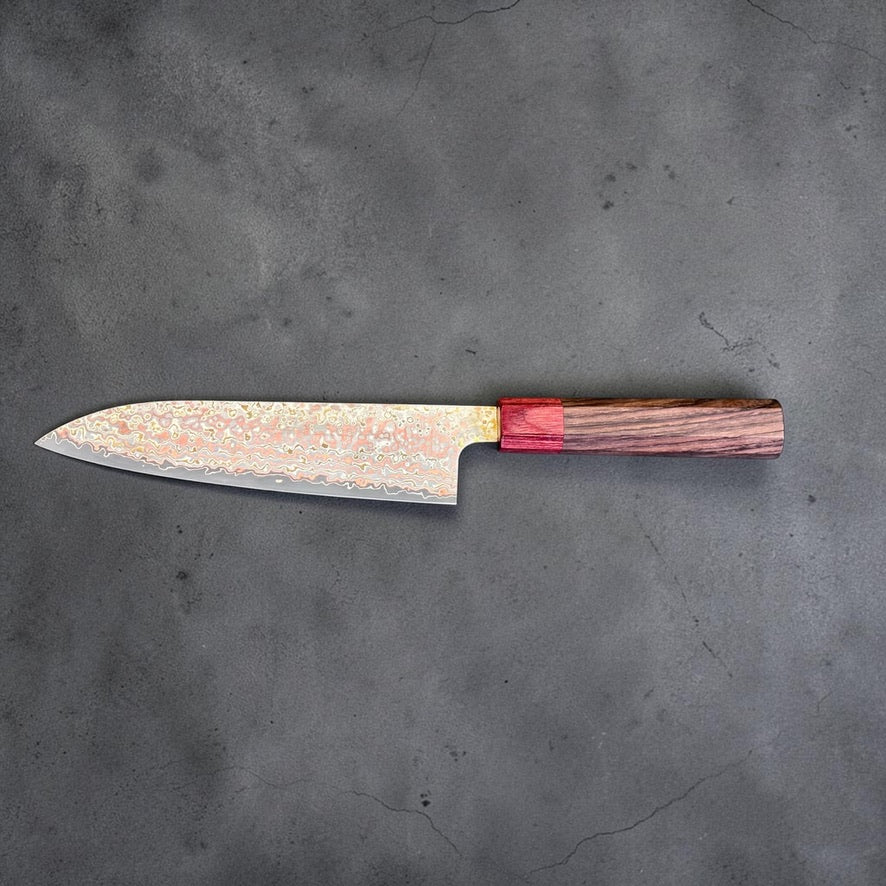 Full profile of the Takeshi Saji VG-10W Nashiji Rainbow Gyuto 180mm with rosewood and red octagonal wa handle.