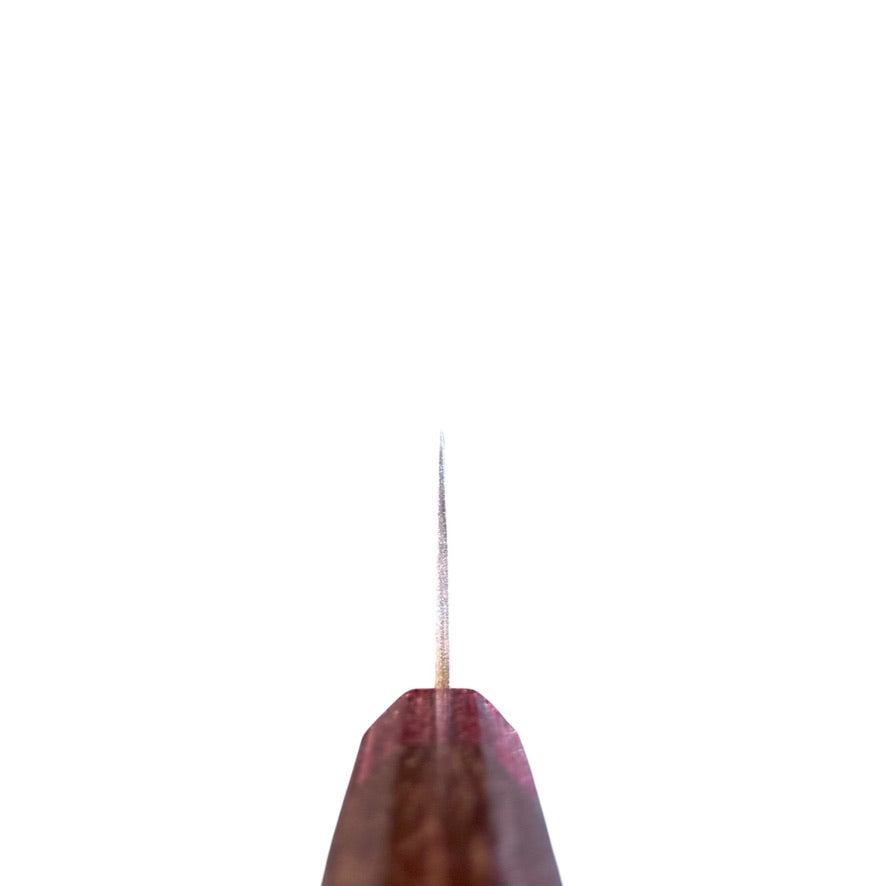 Choil view of the Takeshi Saji VG-10W Nashiji Rainbow Gyuto 240mm with octagonal rosewood and red handle.