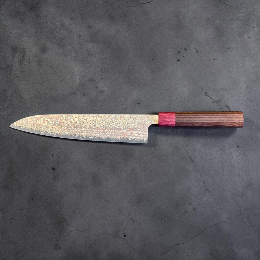 Takeshi Saji VG-10W Nashiji Rainbow Gyuto 240mm, full left-side profile with rosewood and red octagonal handle.