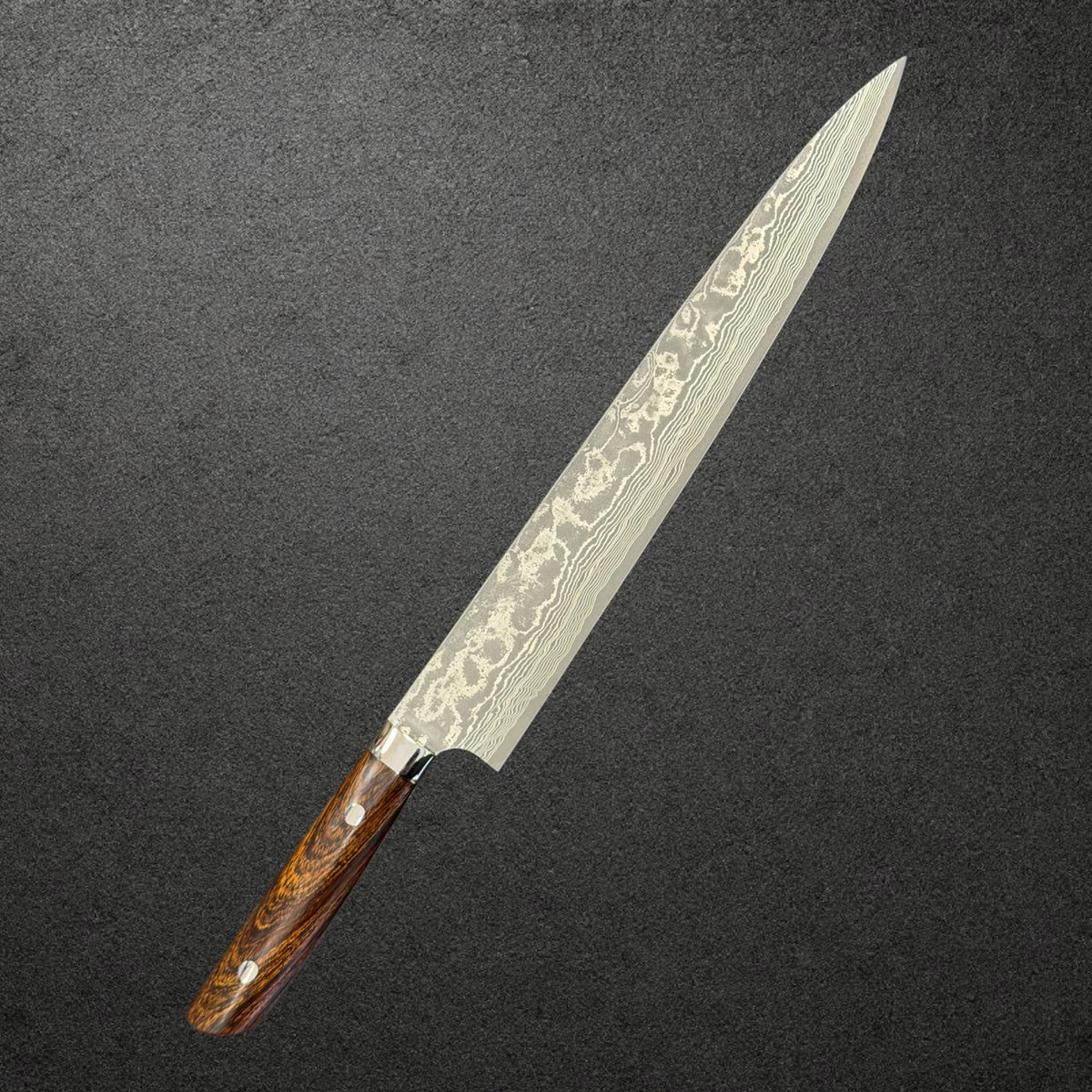 Takeshi Saji VG-10 Kurozome Damascus Sujihiki 270mm with ironwood handle, angled front view