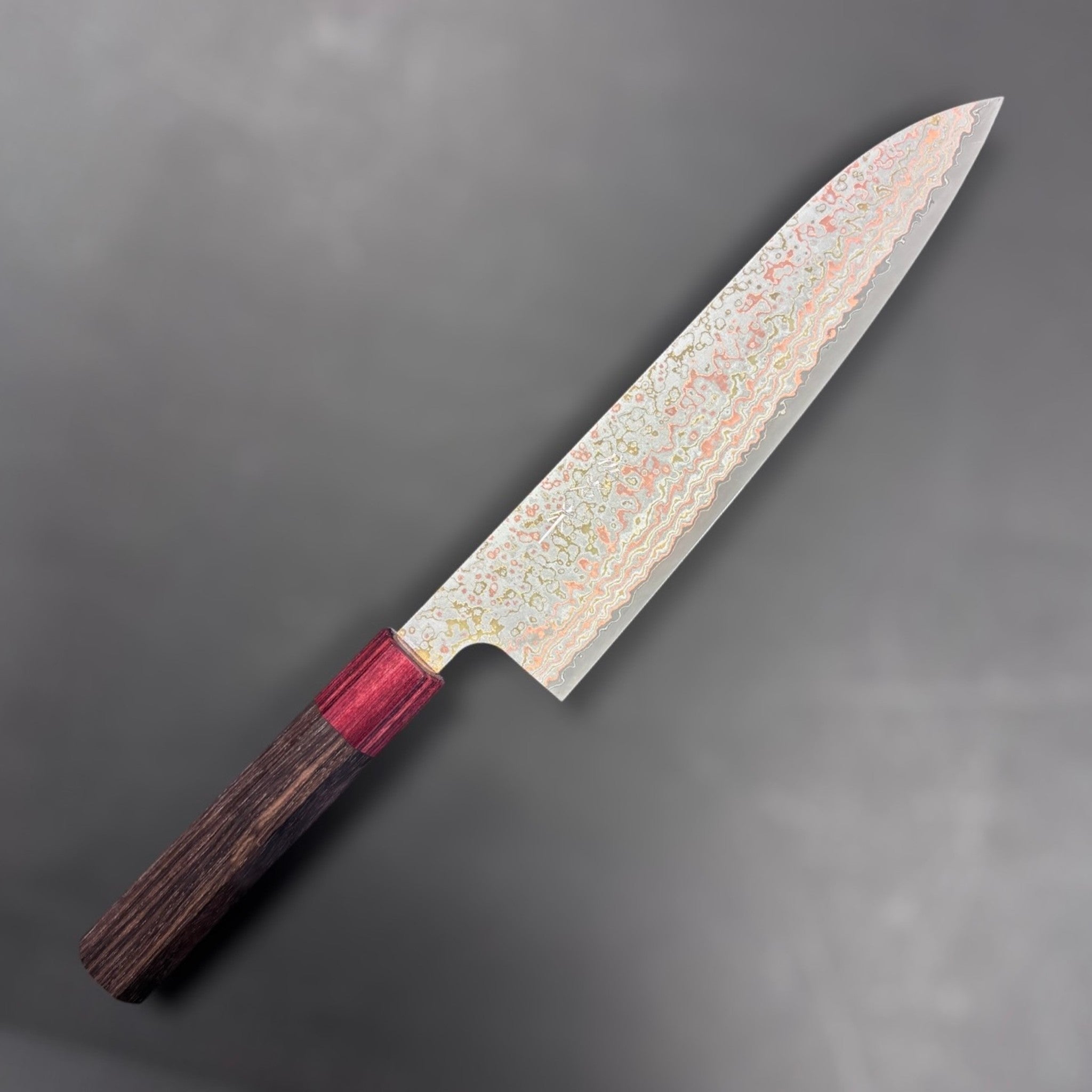 Takeshi Saji VG-10W Nashiji Rainbow Gyuto 210 mm, right-side blade view with vivid rainbow Damascus and nashiji finish.