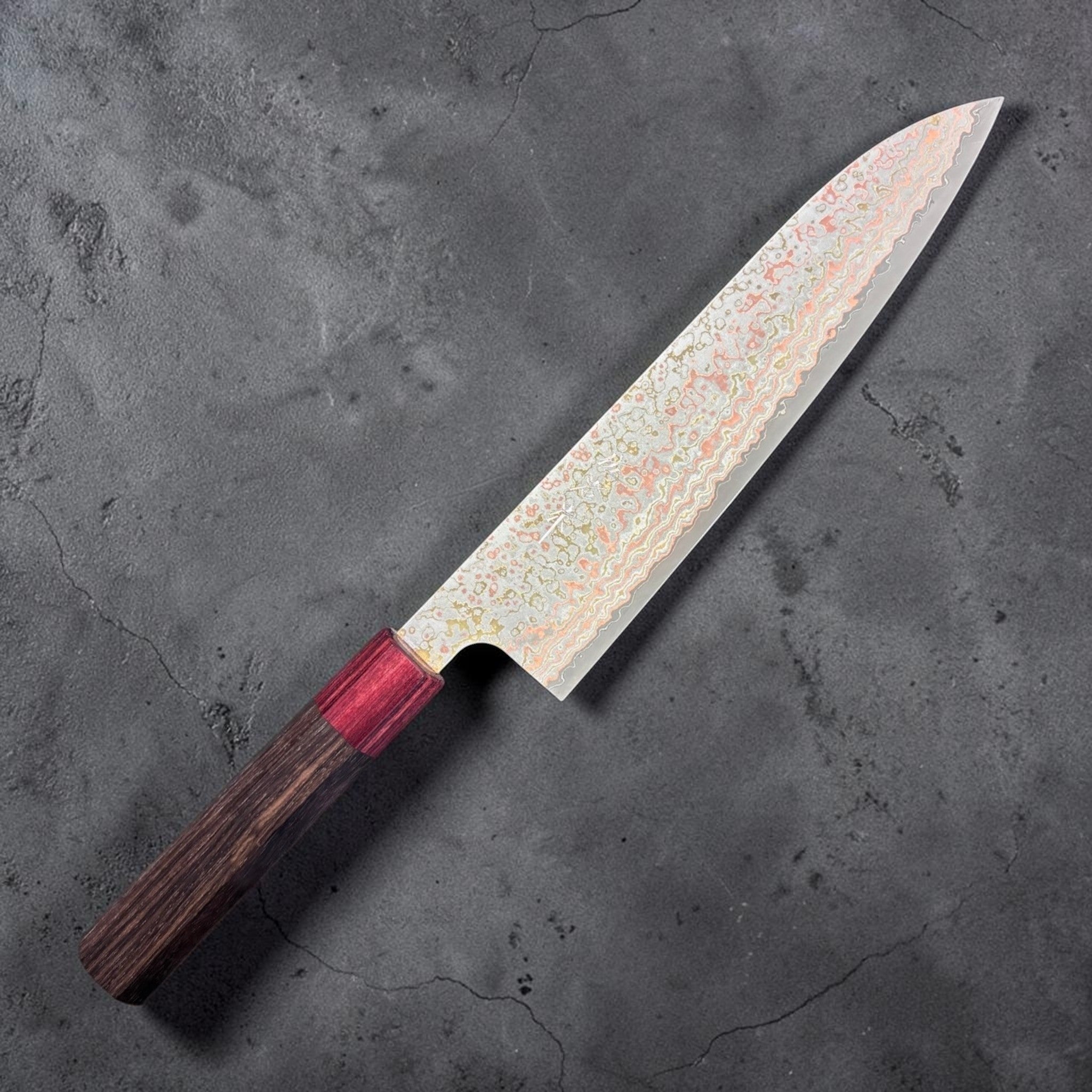 Takeshi Saji VG-10W Nashiji Rainbow Gyuto 210 mm, right-side blade view with vivid rainbow Damascus and nashiji finish.