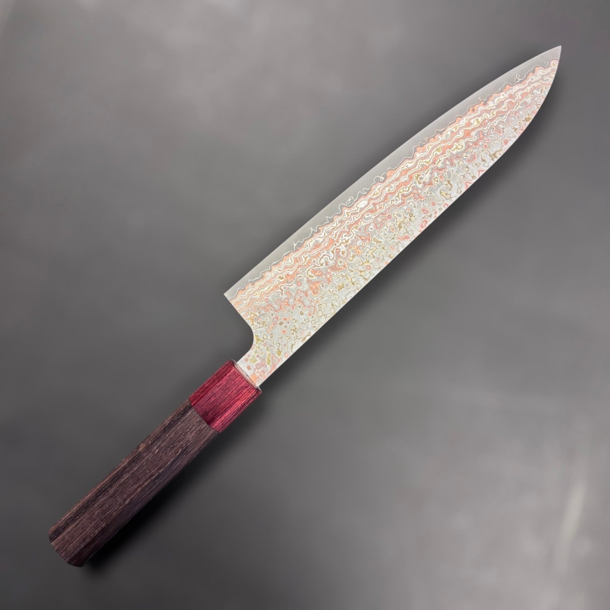 Takeshi Saji VG-10W Nashiji Rainbow Gyuto 210 mm, left-side blade view with vivid rainbow Damascus and nashiji finish.