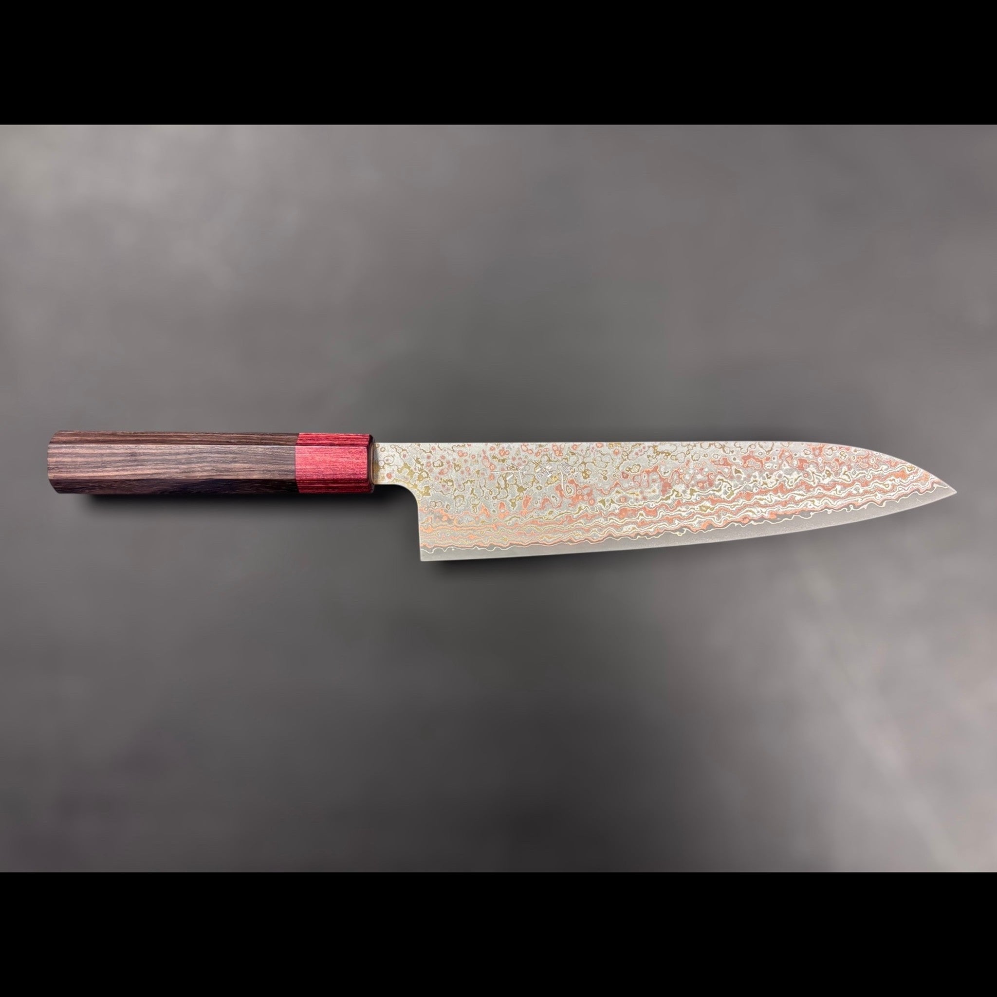 Takeshi Saji VG-10W Nashiji Rainbow Gyuto 210 mm, profile blade view with vivid rainbow Damascus and nashiji finish.