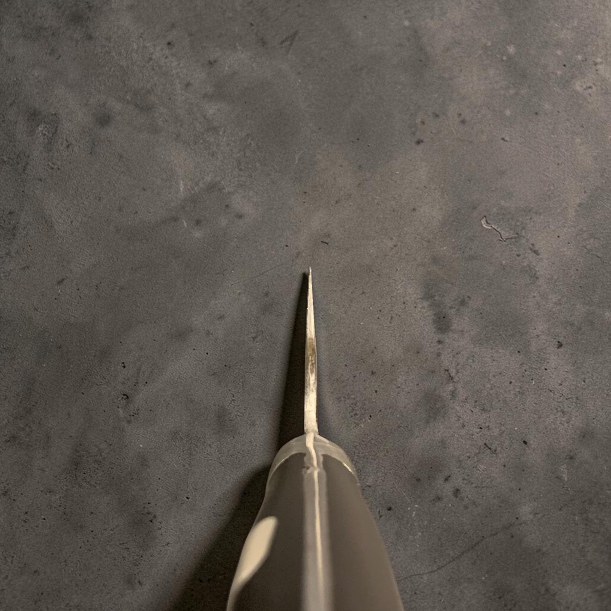 Teruyasu Fujiwara Denka Aogami Super Gyuto 195mm, choil shot showing thin grind and balance of the Western handle.