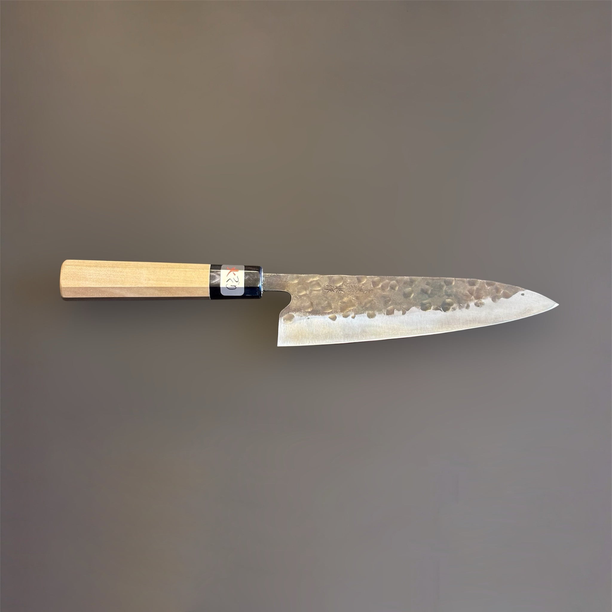 Teruyasu Fujiwara Denka Gyuto 180 mm with wa handle, full side profile on neutral gray background.
