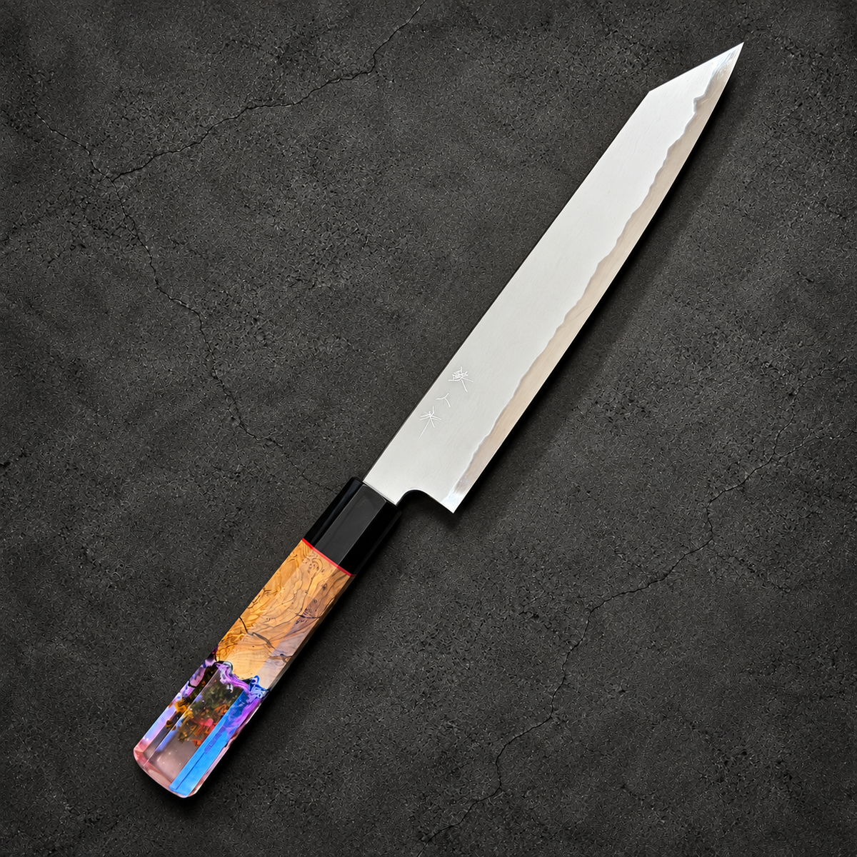 Tetsujin Blue No. 2 So-Kasumi Kiritsuke Sujihiki 210mm with Prisma handle, engraved side angled view