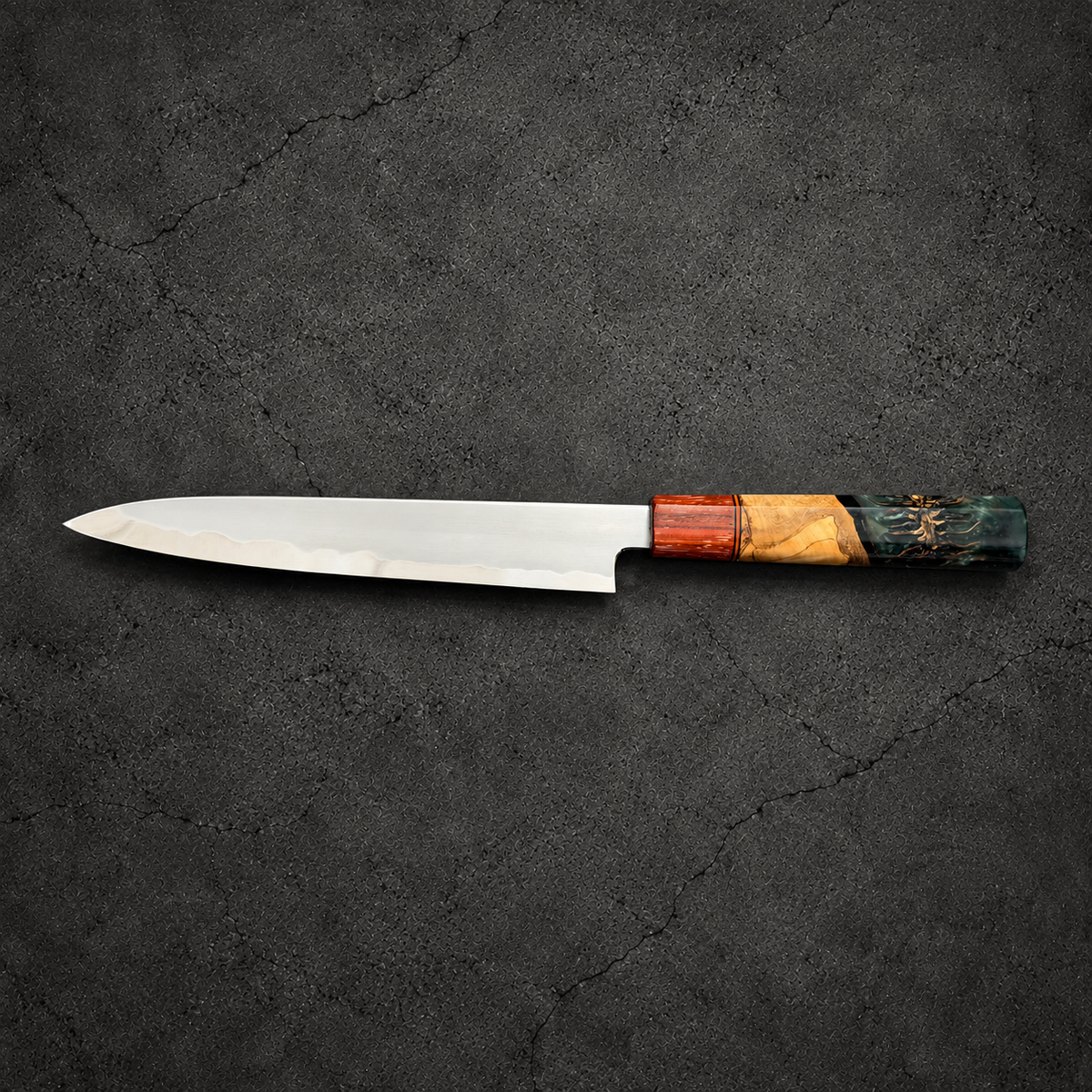 Tetsujin 210mm Sujihiki reverse side profile and teal resin Prisma handle