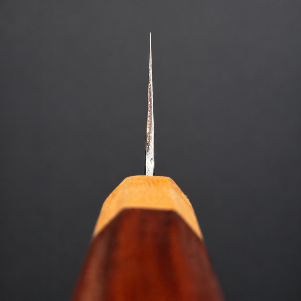 Choil view of Tetsujin Silver 3 Ukiba Kiritsuke Gyuto 240mm showing the blade cross section