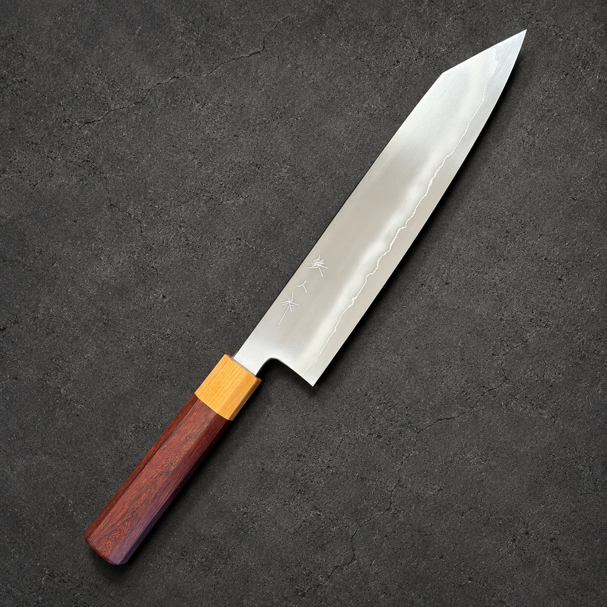 Tetsujin Silver 3 Ukiba Kiritsuke Gyuto 240mm with rosewood and white-top handle, angled front view