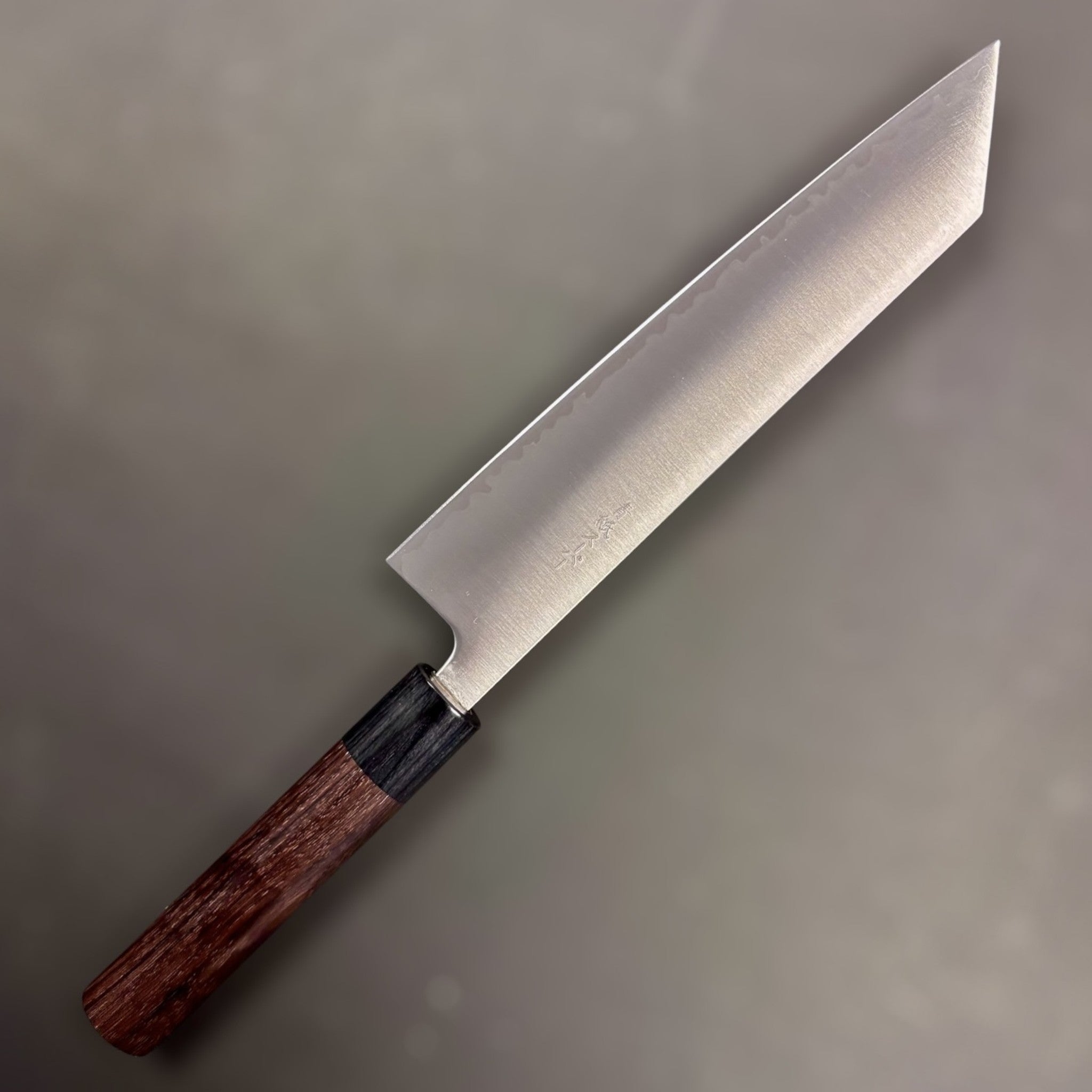 Tokushu Knife Aogami Super Migaki Kiritsuke 210 mm, reverse side showing satin finish and rosewood/ebony wa handle.