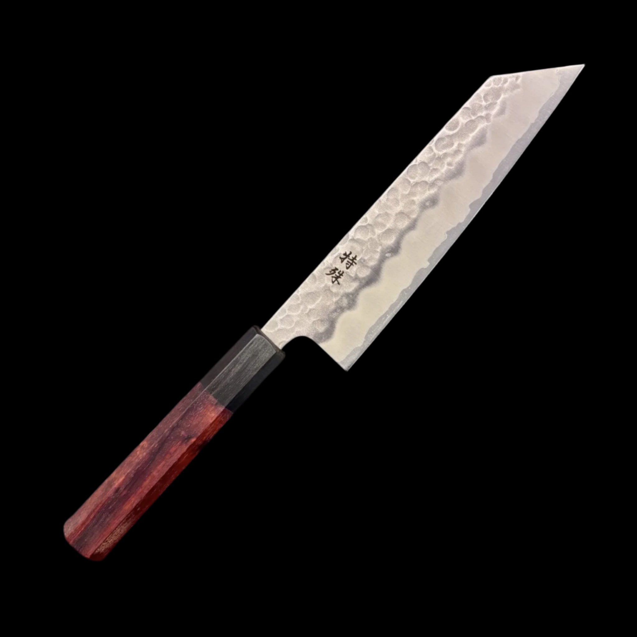 Tokushu White #2 stainless clad tsuchime bunka 175 mm – right‑hand hero shot showing hammered tsuchime finish and red/black wa handle.