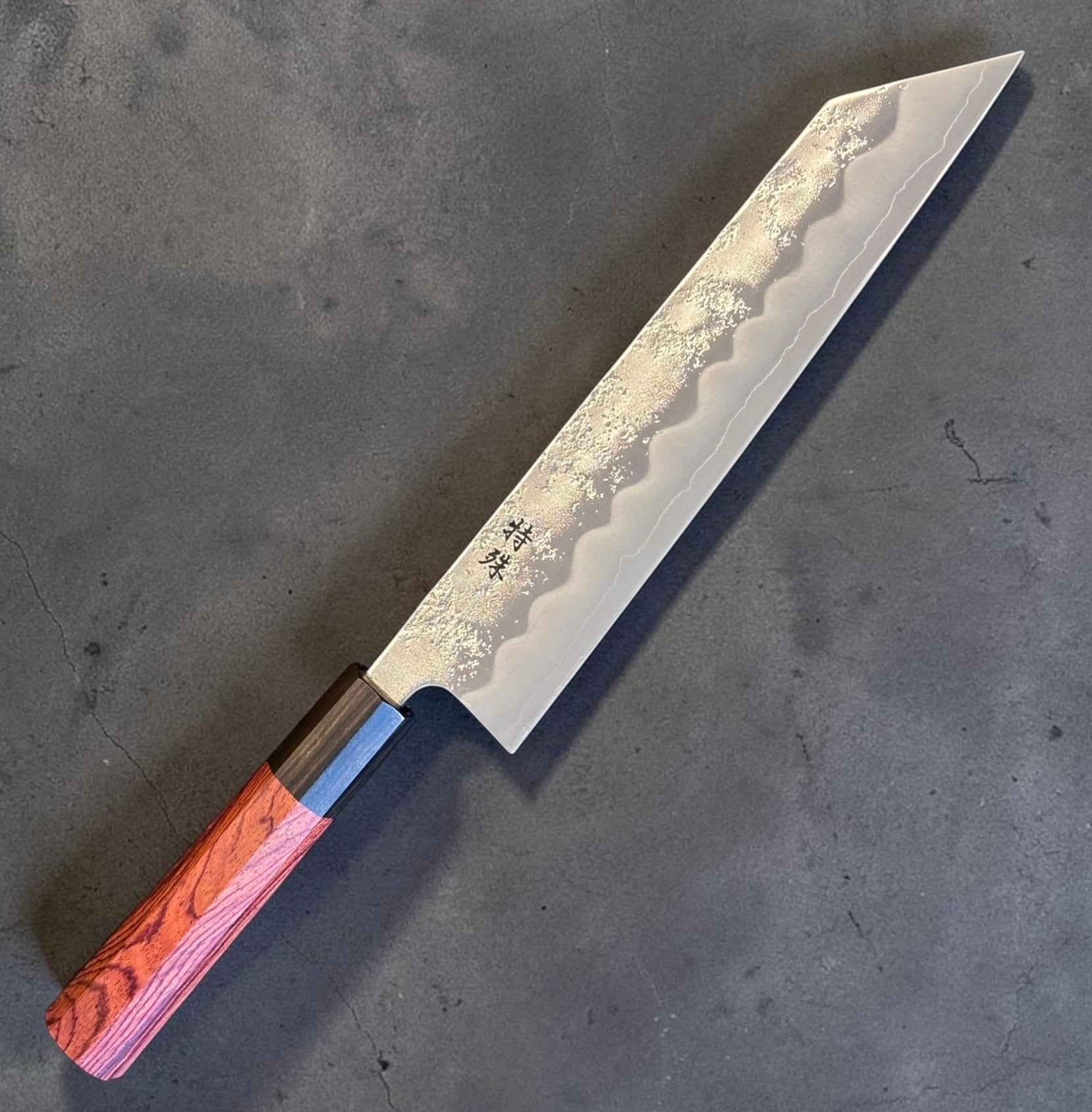 Tokushu Knife Ginsan #3 Nashiji Kiritsuke 210mm with octagonal rosewood handle and ebony ferrule, angled full view
